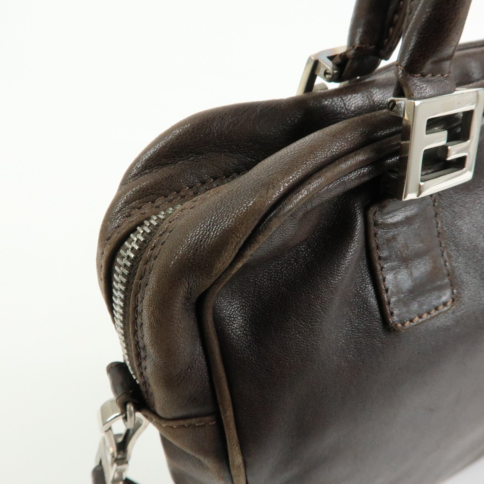 FENDI Leather 2Way Bag Hand Bag Shoulder Bag Brown