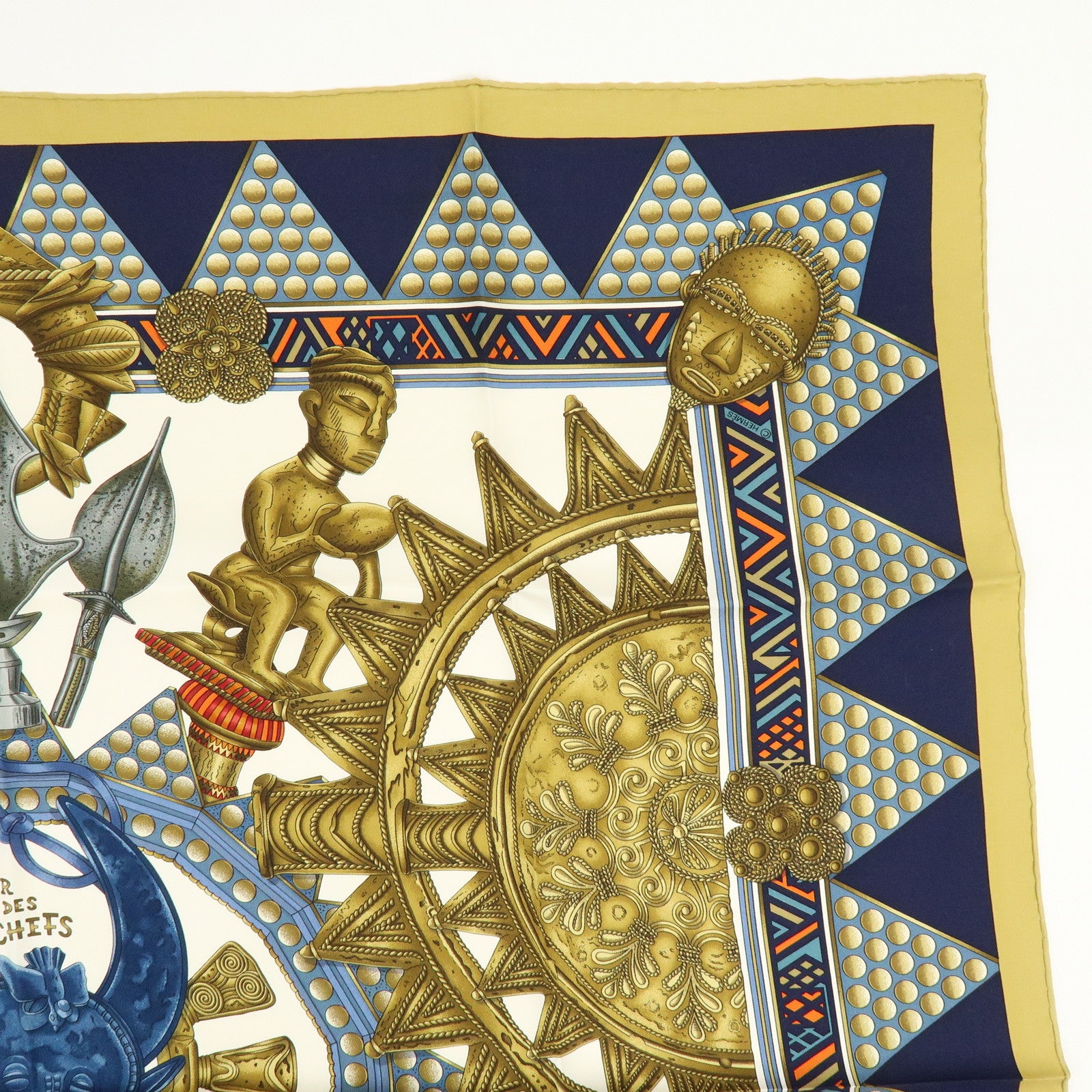 HERMES Carre 90 Silk 100% Scarf L'OR DES CHEFS Gold Navy
