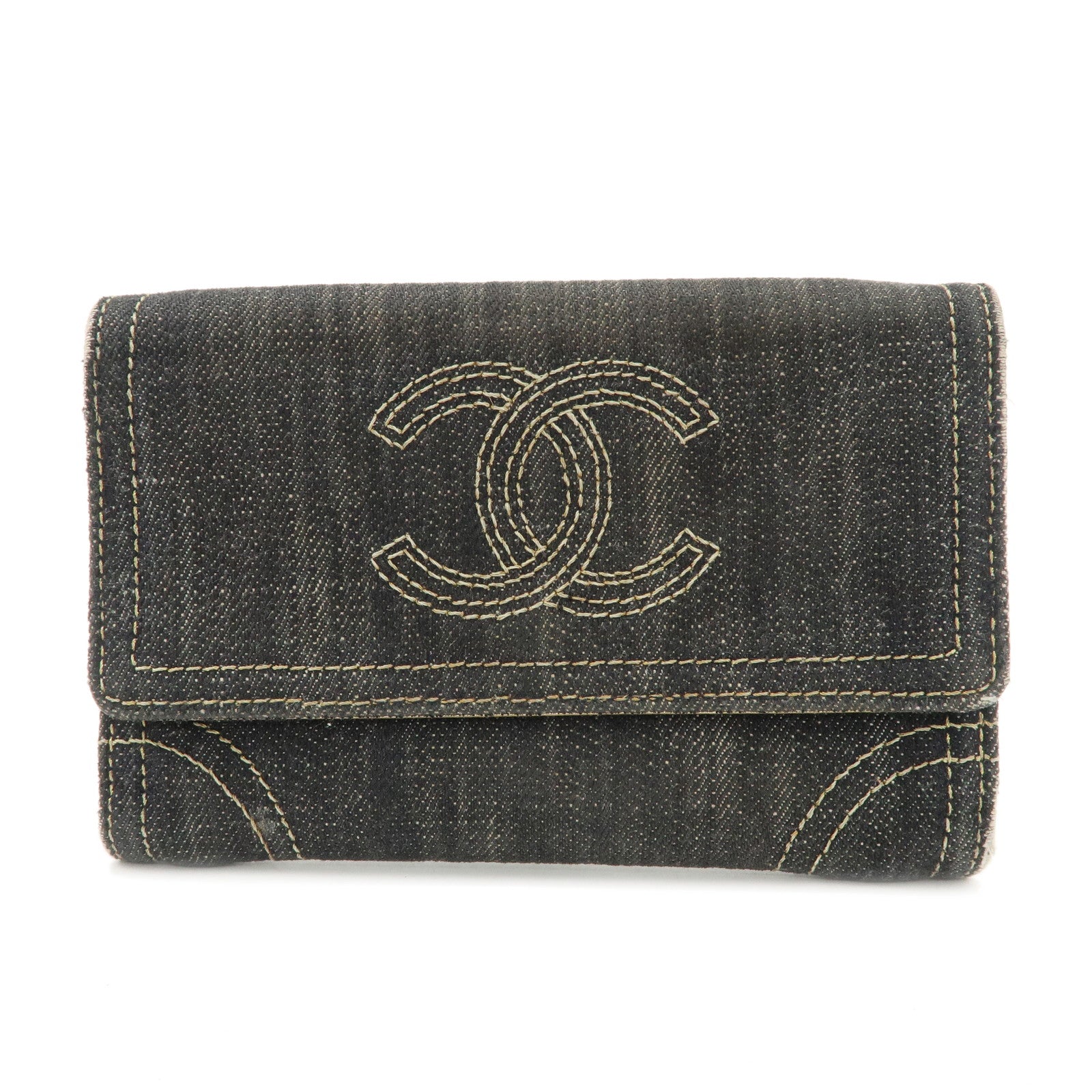CHANEL COCO Mark Denim Bi-fold Wallet Indigo Blue A31991 Used