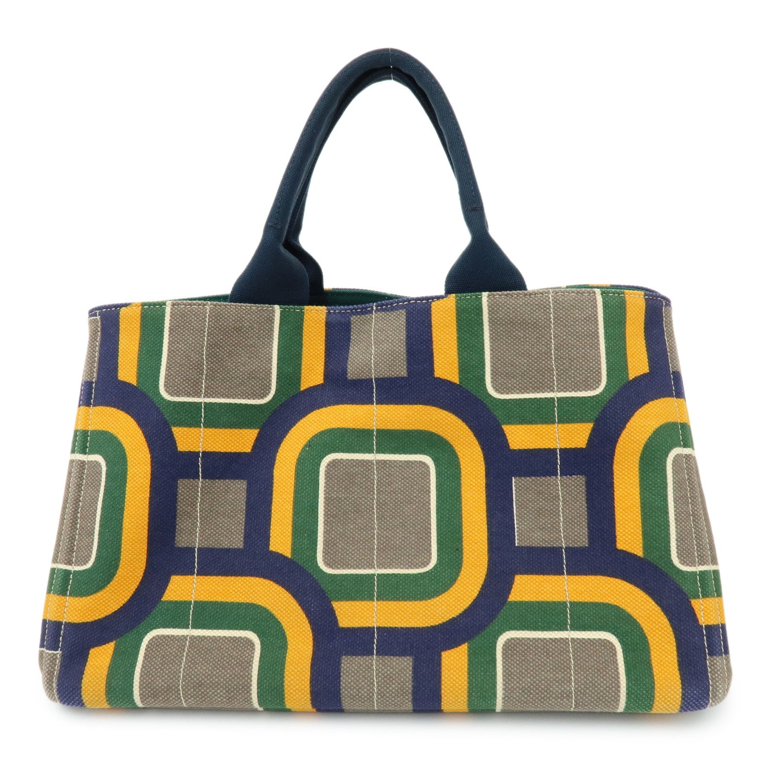 PRADA Canapa Large Tote Bag Hand Bag Green Yellow Navy BN1872