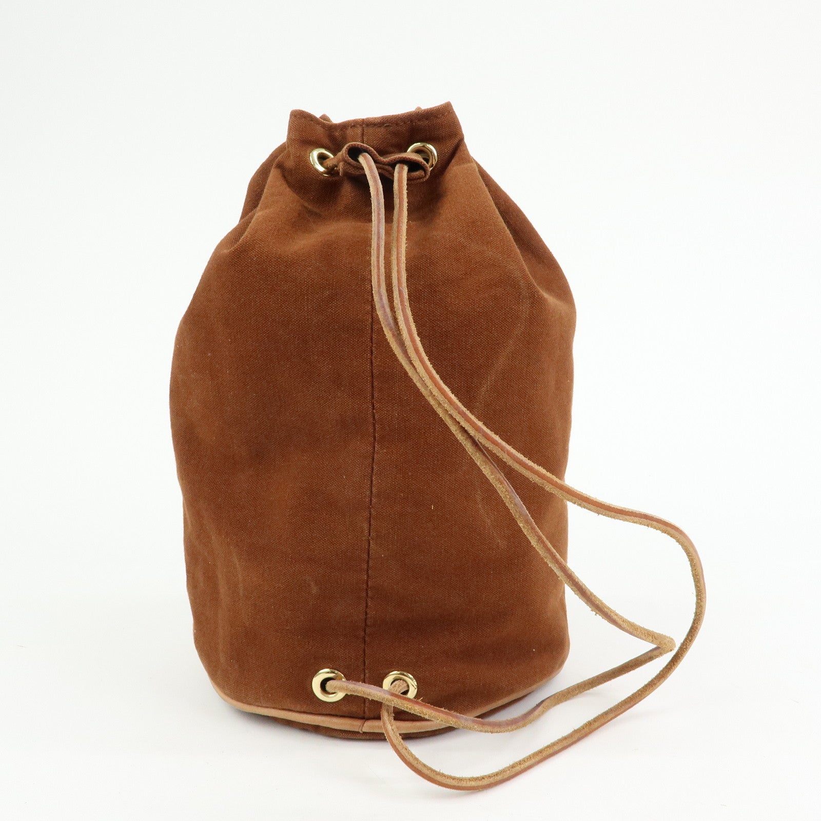 HERMES Porochon Mimil PM Canvas Leather Drawstring Backpack Brown