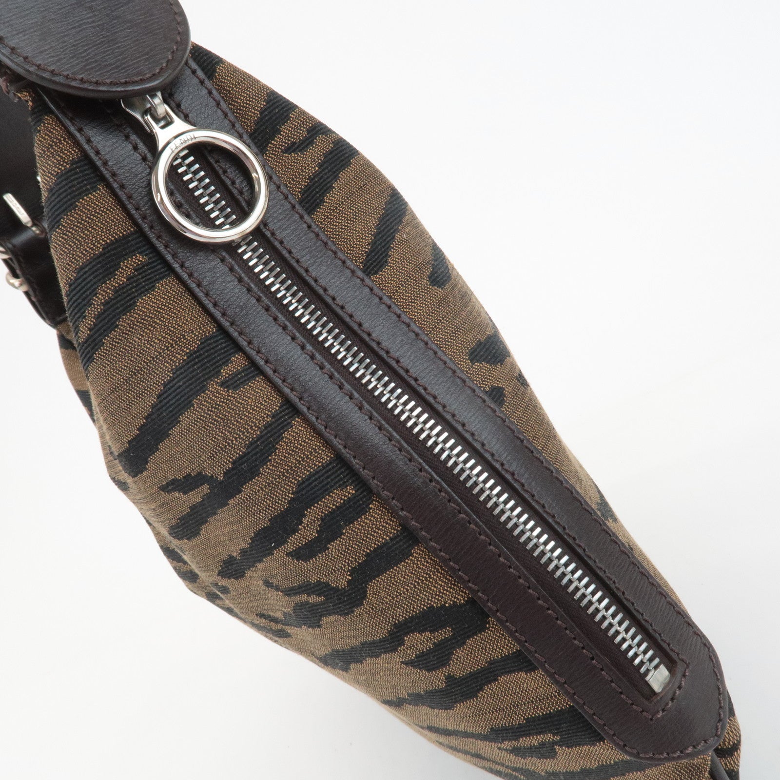 FENDI Zebra Leather Canvas Shoulder Bag Hand Bag Black Brown Used