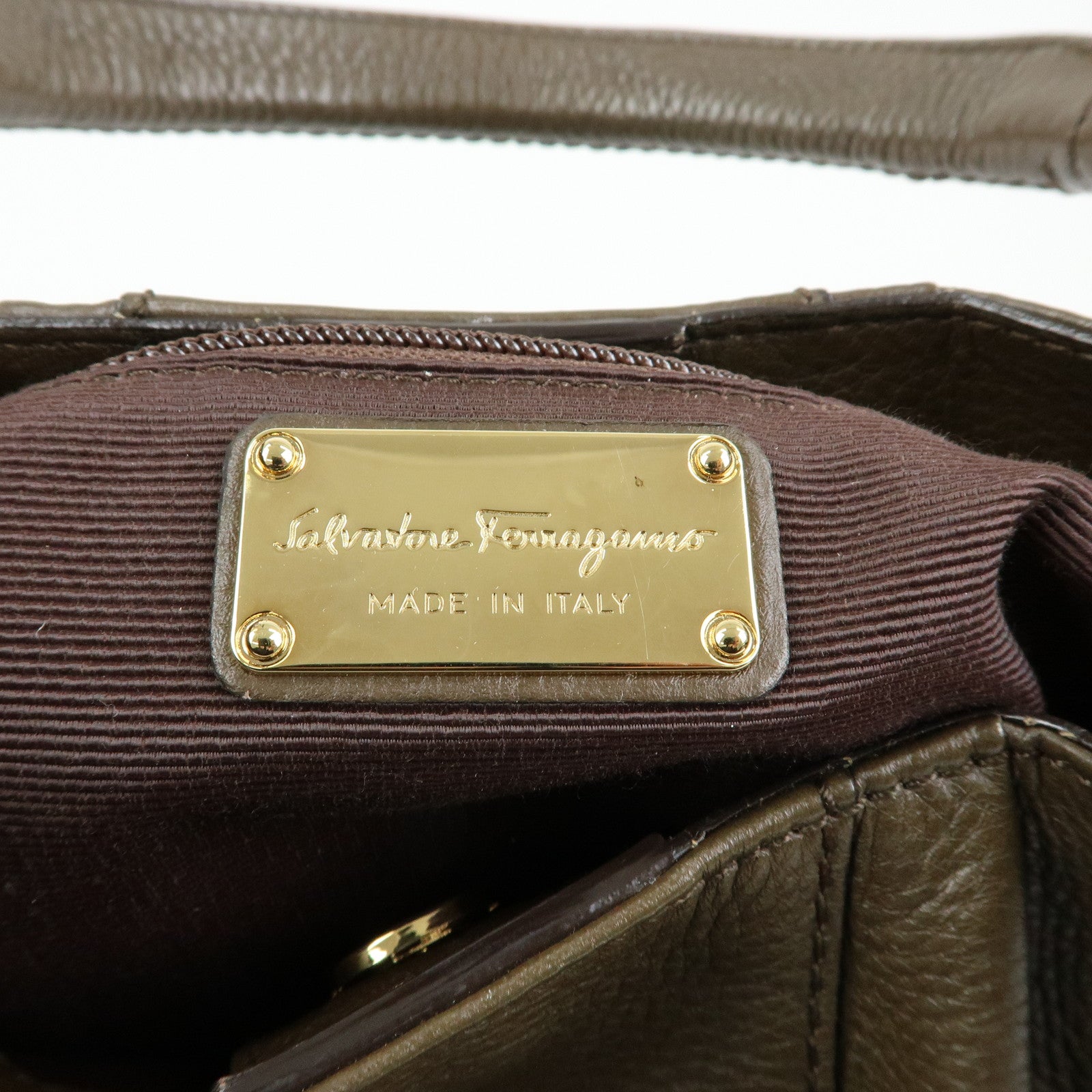 Ferragamo Gancini Calf Leather Hand Bag Shoulder Bag Khaki