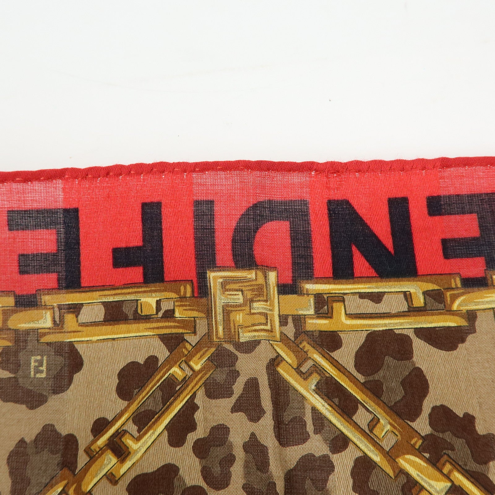 FENDI Cotton Scarf 57x57 Leopard Chain Motif Brown Red