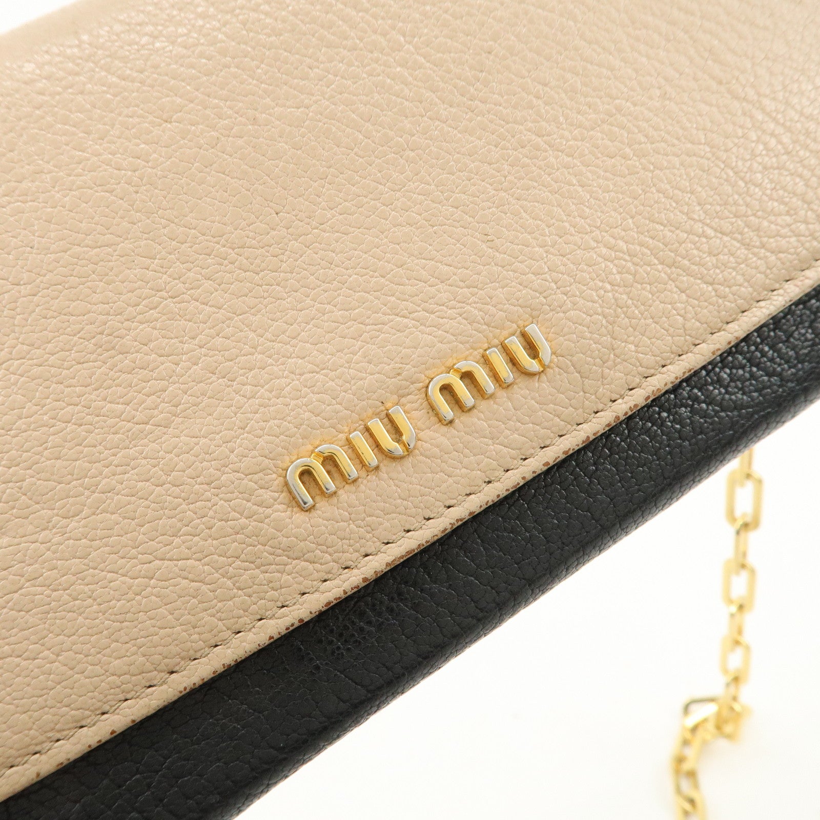 MIU MIU MADRAS Leather Chain Shoulder Wallet WOC Beige Black 5M1290