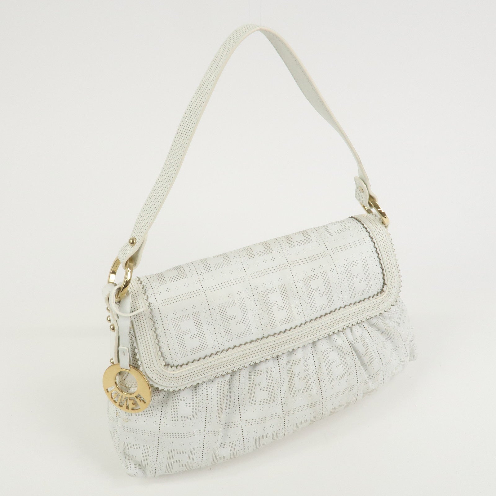 FENDI Zucca Logo Leather Shoulder Bag Hand Bag White 8BR445