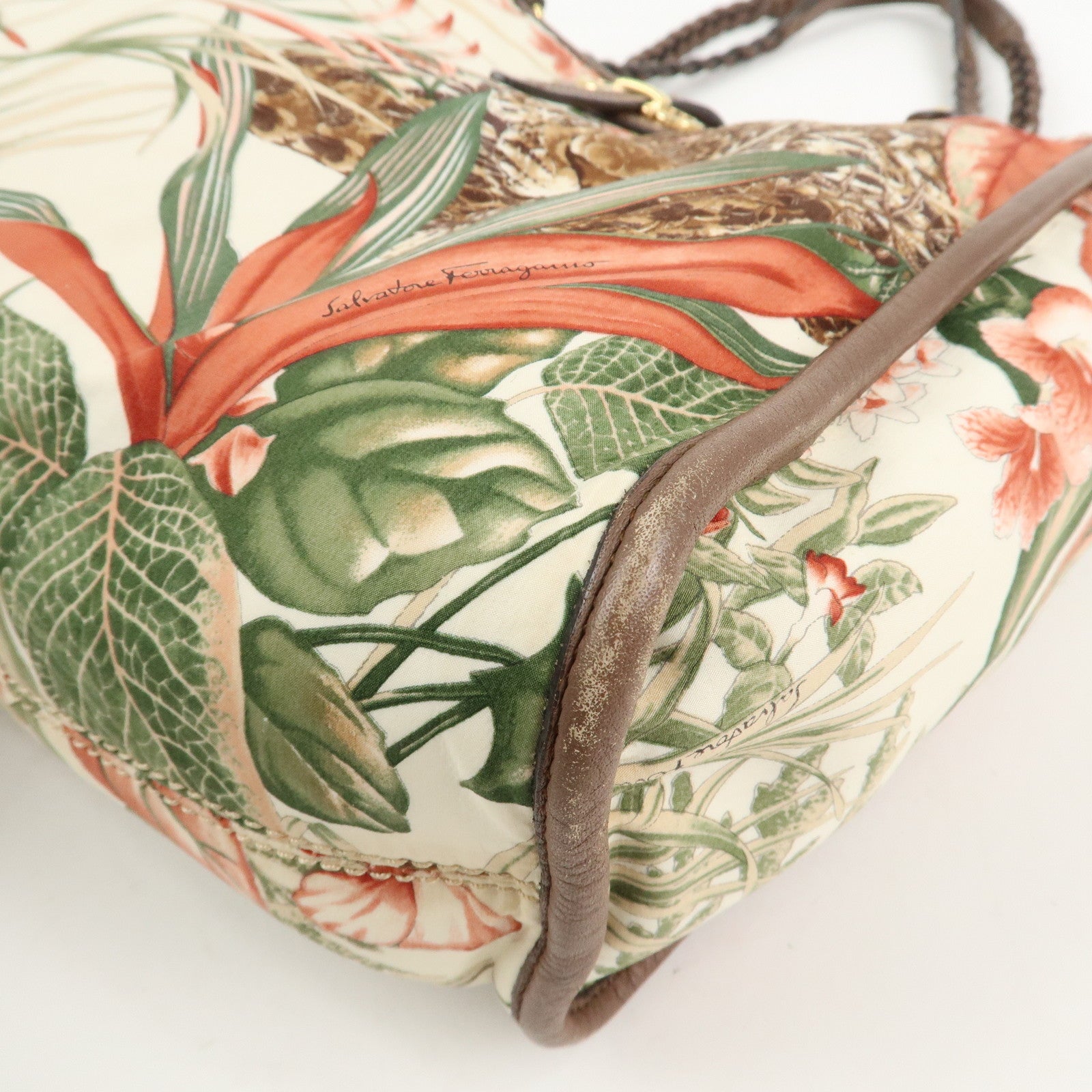 Ferragamo Gancini Leather Nylon Tote Bag Ivory Multicolor