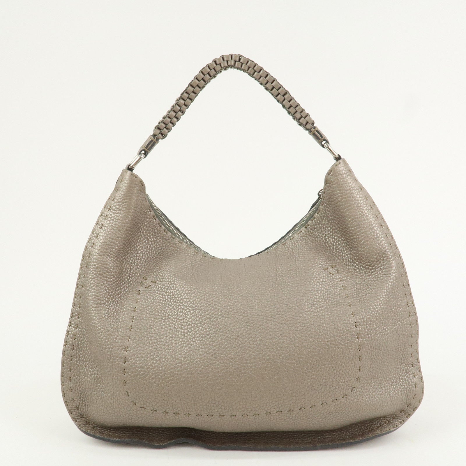 FENDI Selleria Leather Shoulder Bag Hand Bag Silver 8BR582