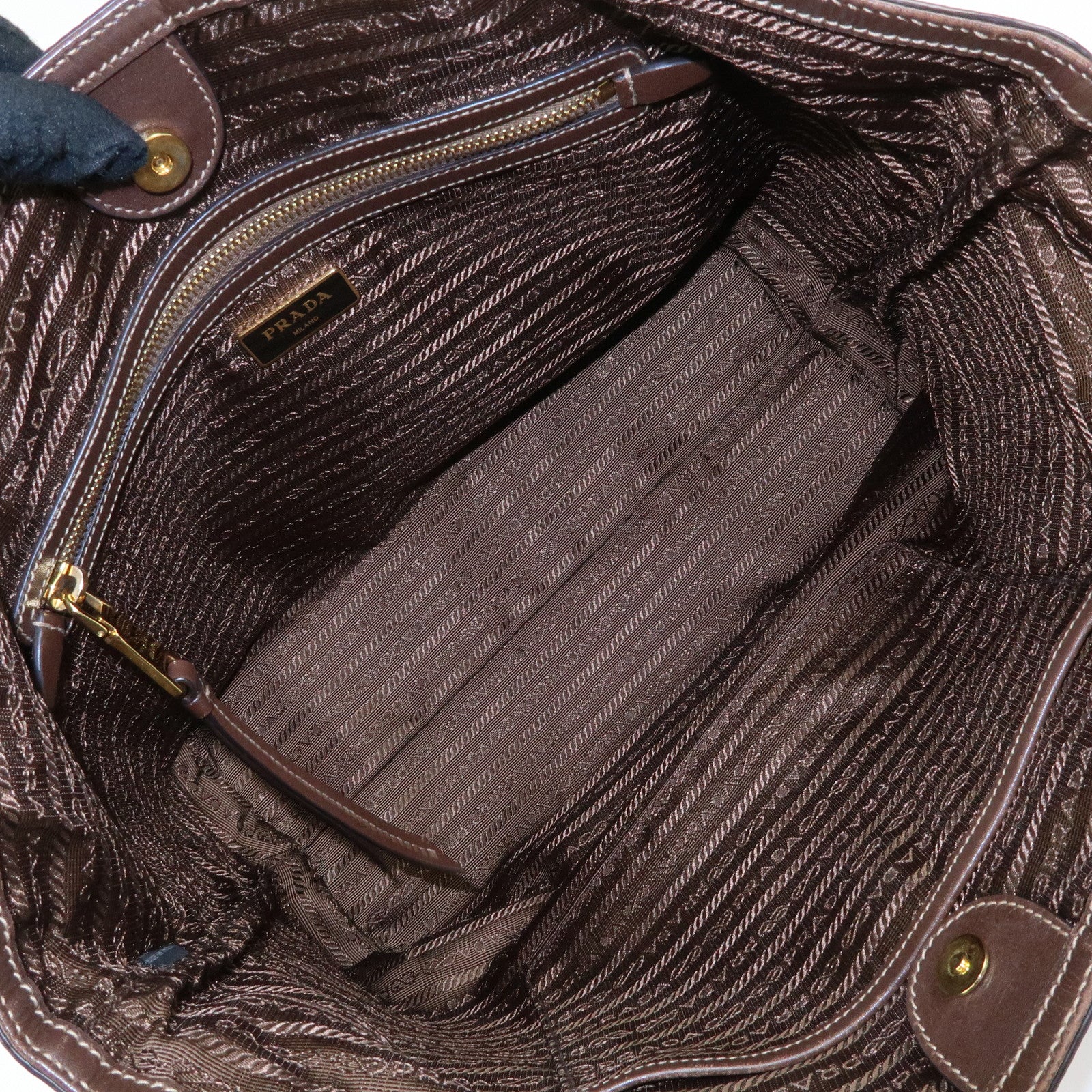 PRADA Triangle Logo Jacquard Leather Tote Shoulder Bag Beige Brown