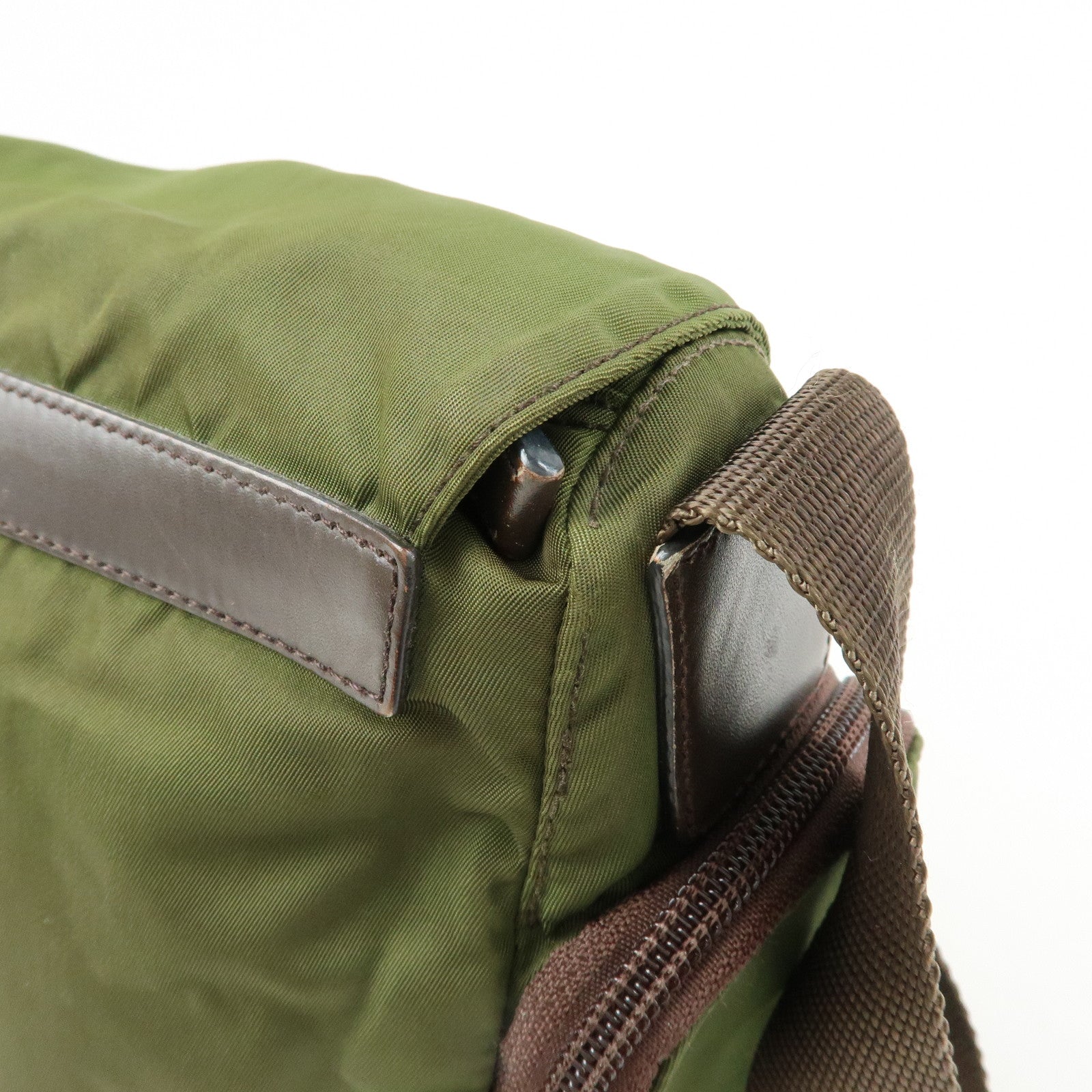 PRADA Triangle Logo Nylon Leather Shoulder Bag Khaki Brown