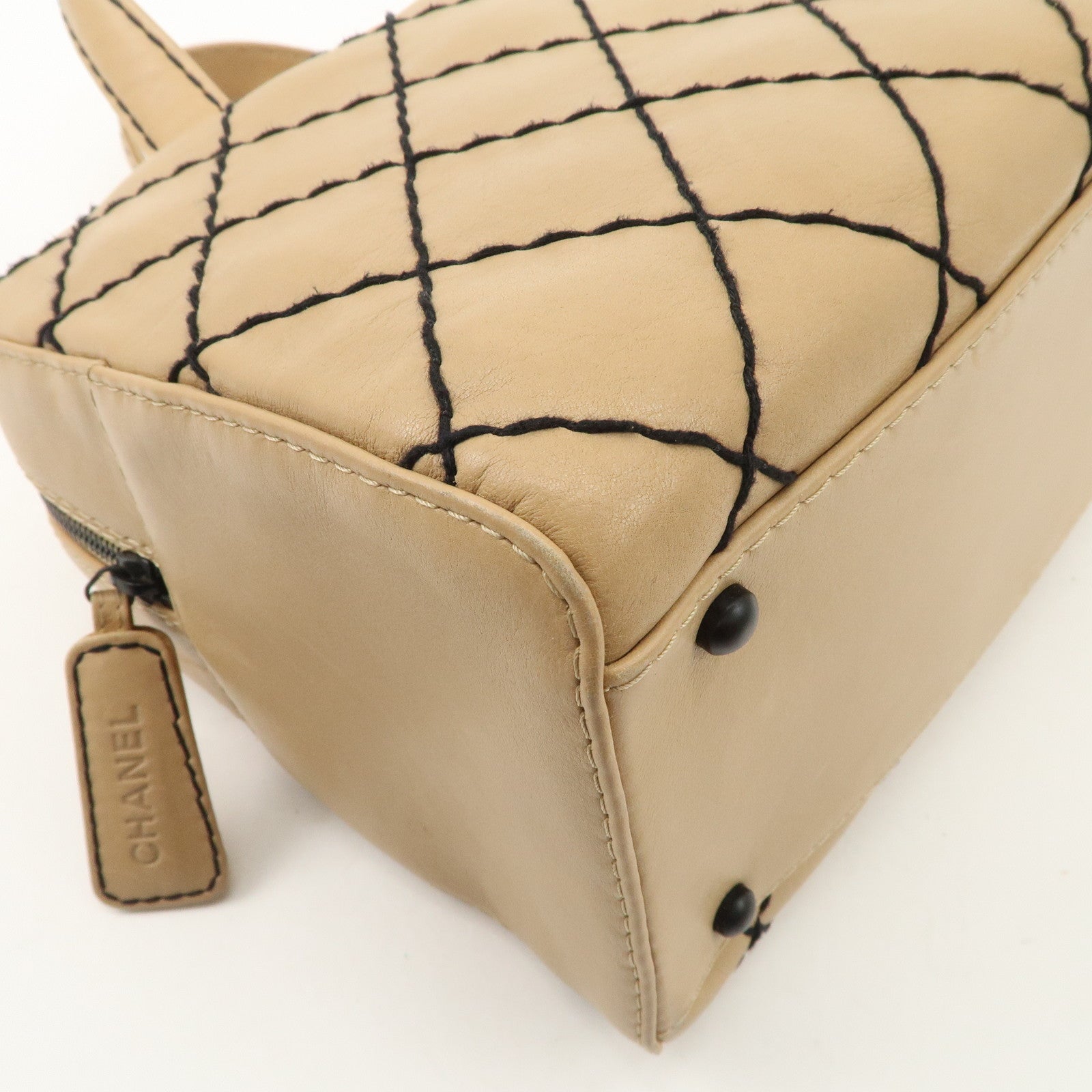 CHANEL Wild Stitch Calf Skin Coco Mark Hand Bag Beige A14692 Used