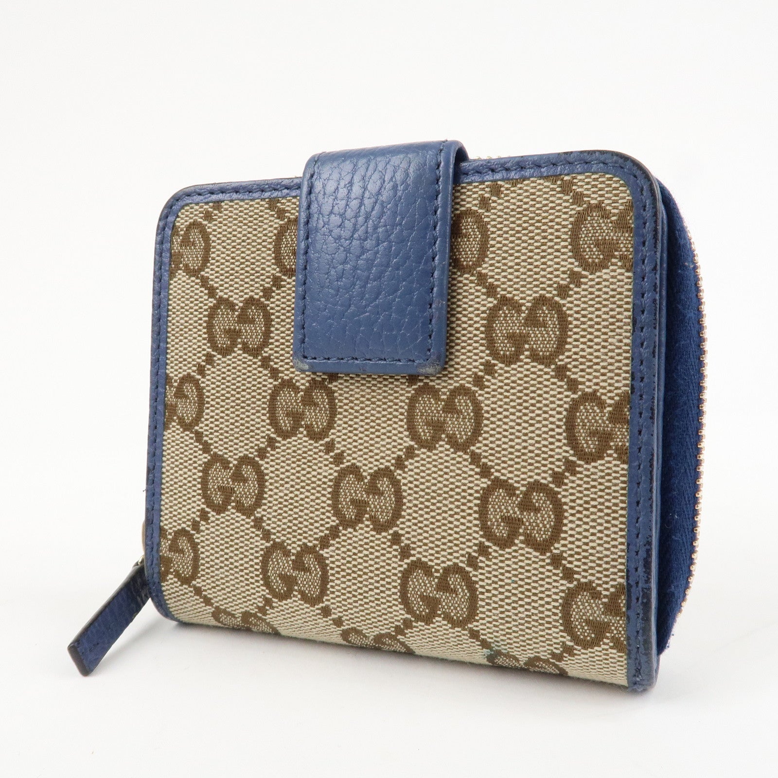 GUCCI GG Canvas Leather Bi-Fold Wallet Beige Blue 346056 Used