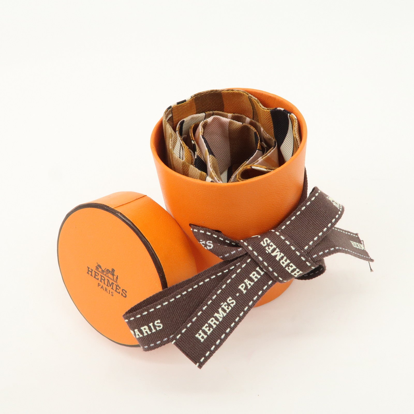HERMES Twilly Silk 100% Scarf LES SANGLES Brown Black Peach