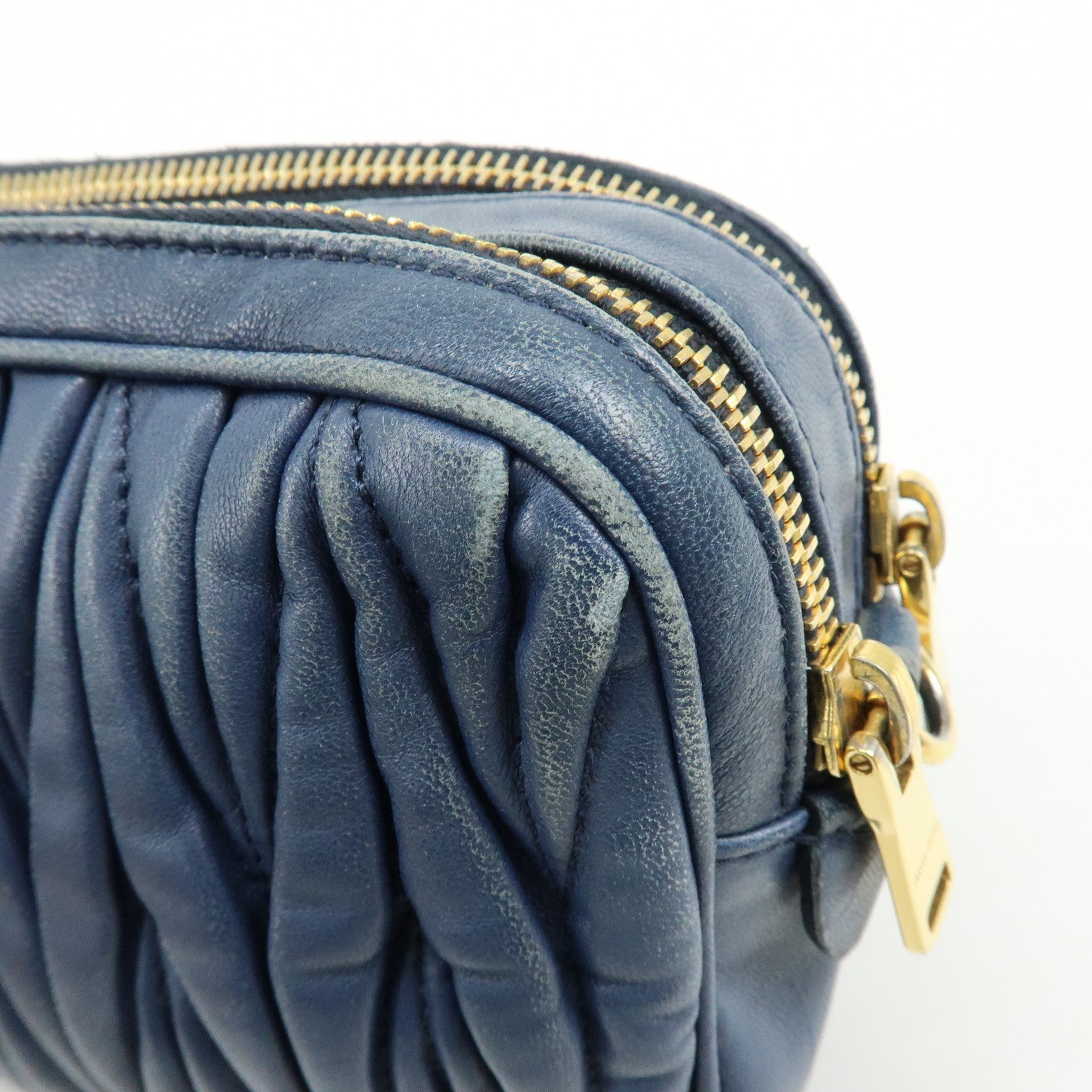 MIU MIU Matelasse Leather Gathered Shoulder Bag Crossbody Bag Navy