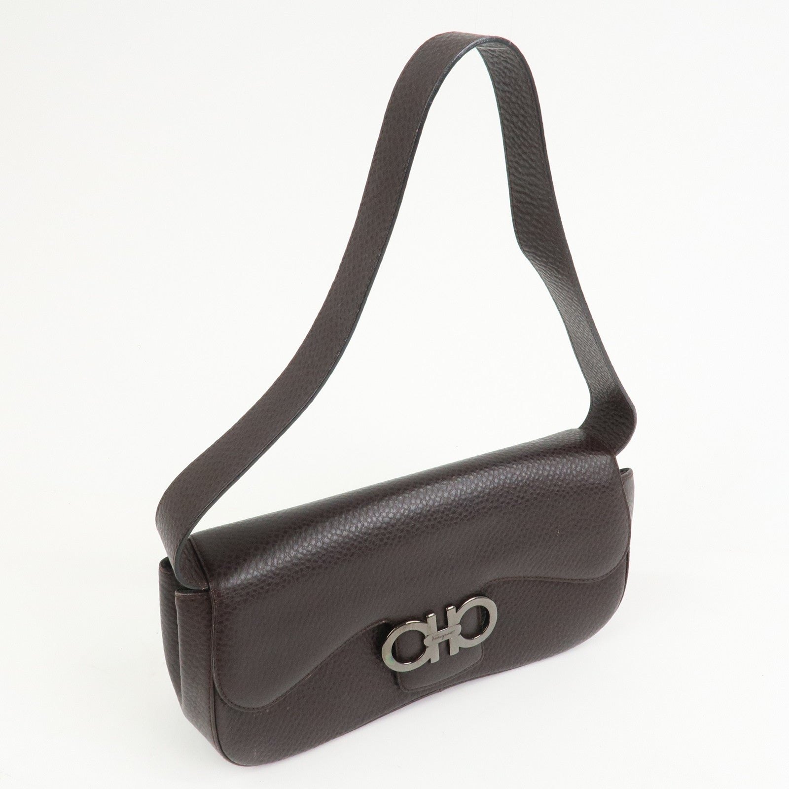 Ferragamo Gancini Logo Leather Shoulder Bag Hand Bag Brown