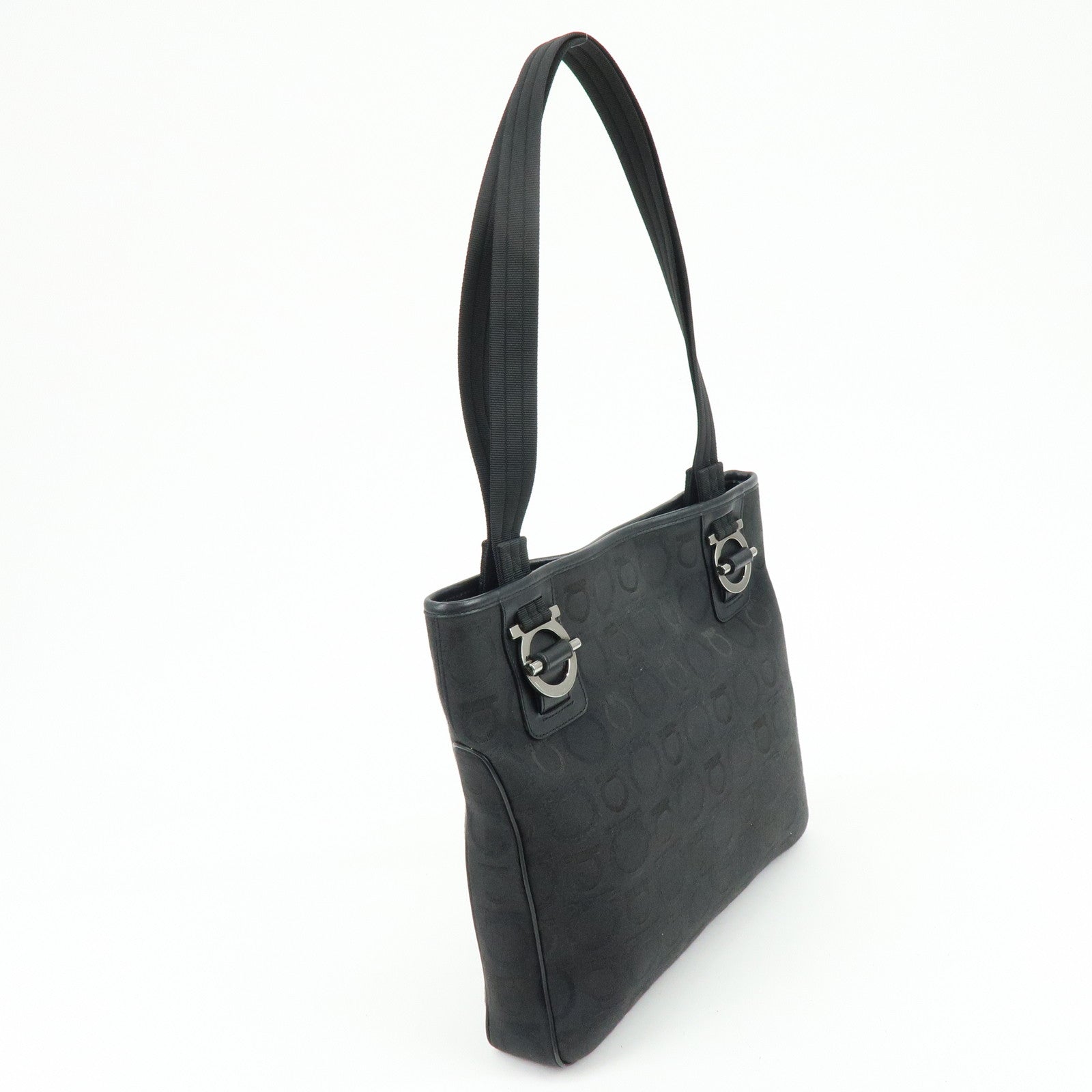 Ferragamo Gancini Canvas Leather Tote Bag Shoulder Bag Black