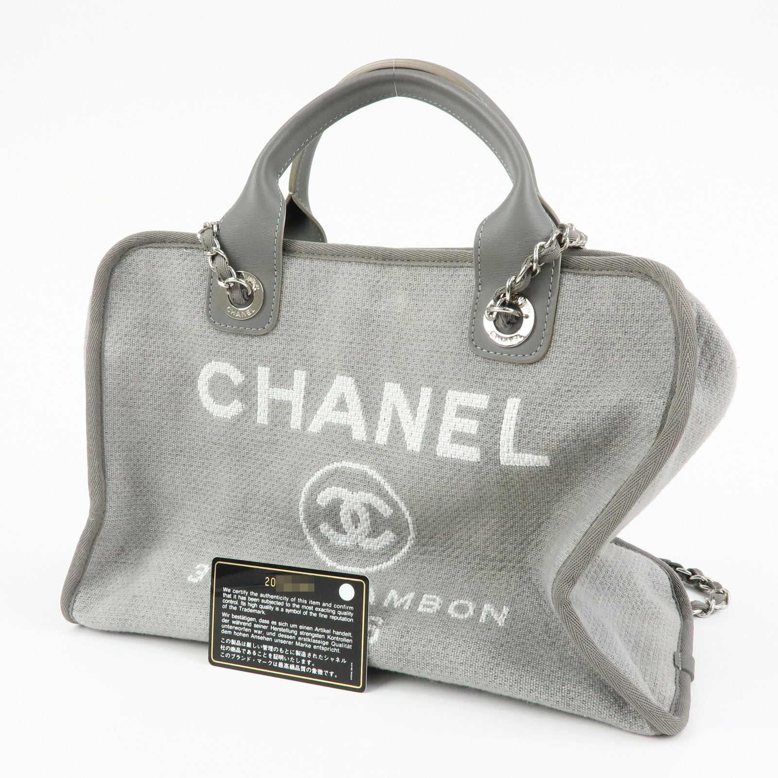 CHANEL Deauville Canvas Leather 2Way Boston Chain Shoulder Bag Gray