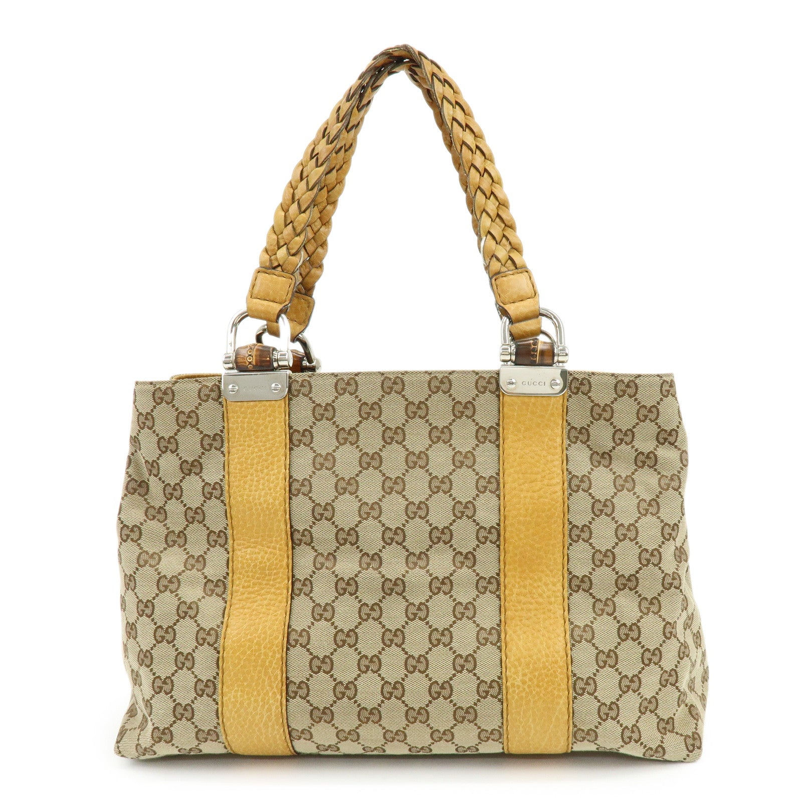 GUCCI Bamboo GG Canvas Leather Tote Bag Beige Yellow 232947