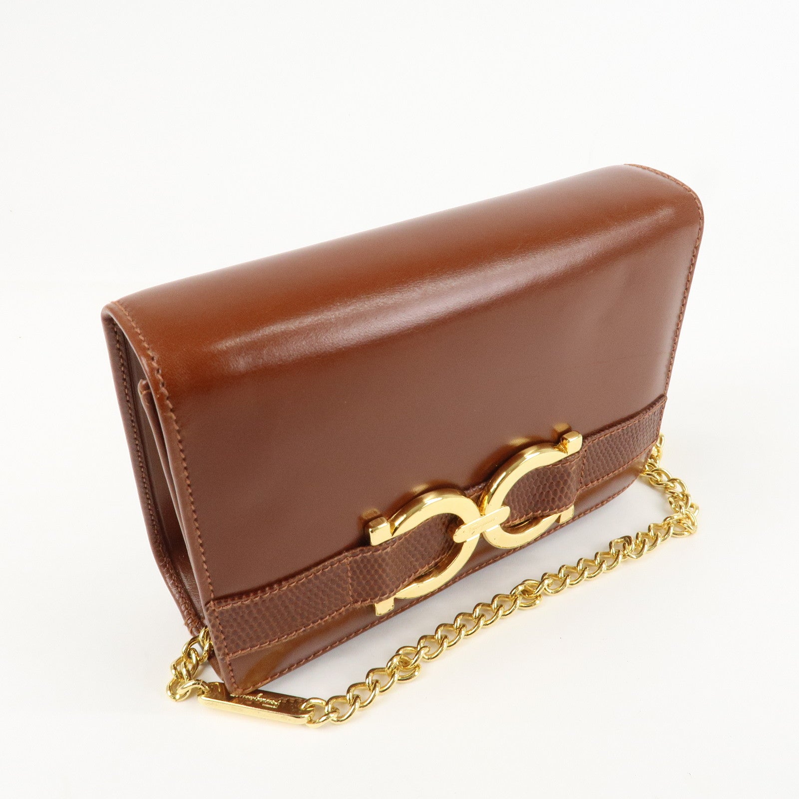 Ferragamo Gancini Leather Chain Shoulder Bag Brown Gold HDW Used