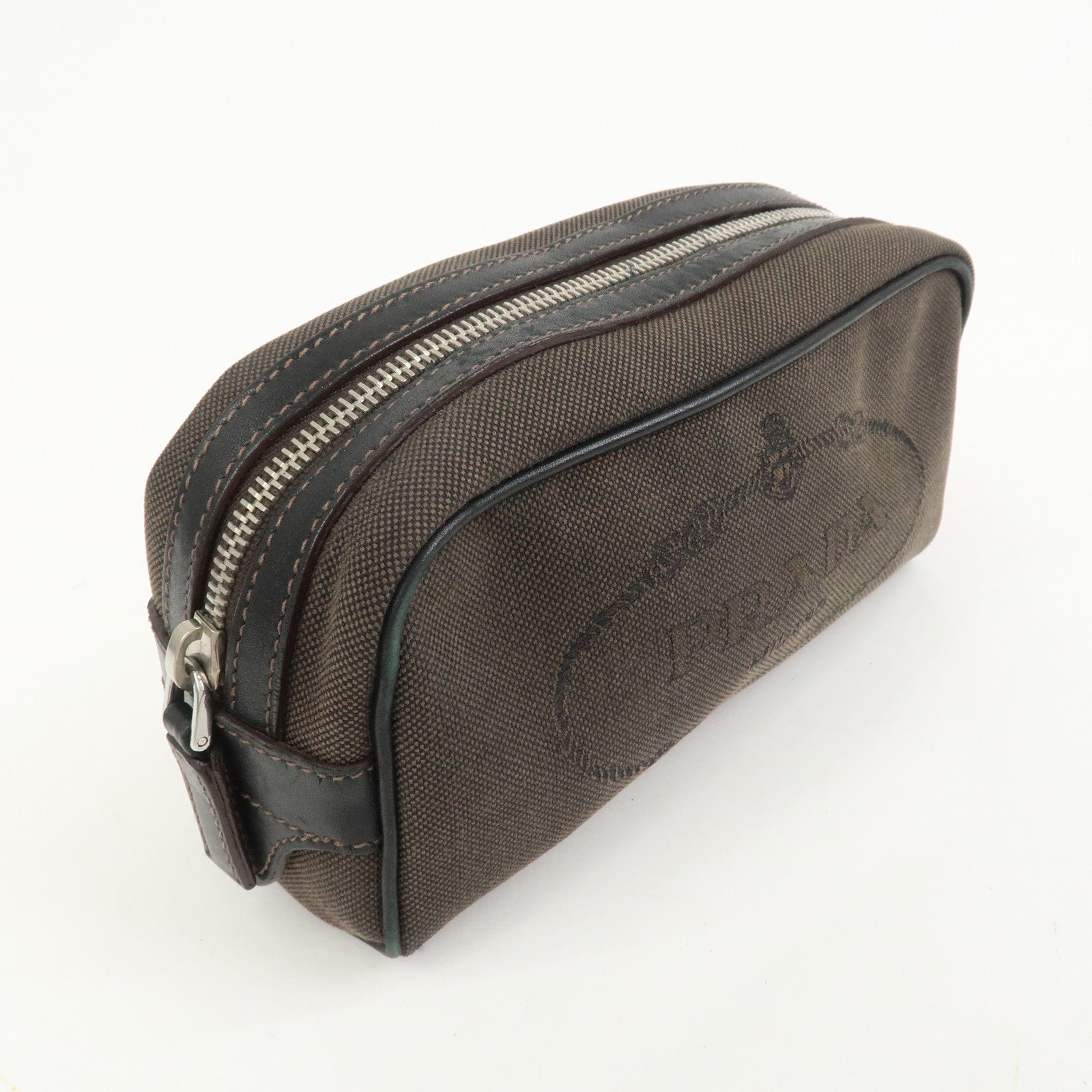 PRADA Logo Jacquard Pouch Cosmetic Pouch Makeup Bag Brown