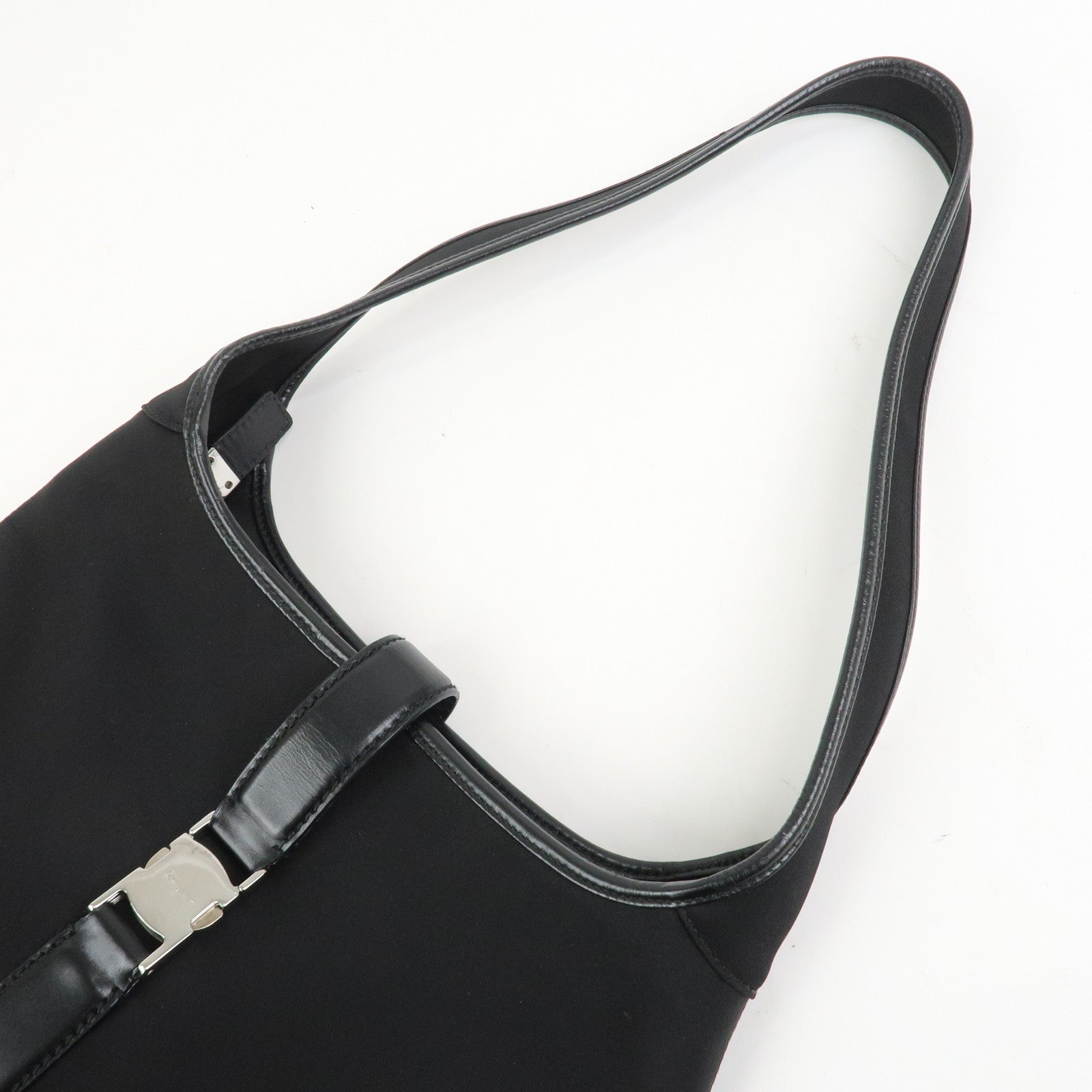 Ferragamo Logo Nylon Canvas Leather Shoulder Bag Hand Bag Black