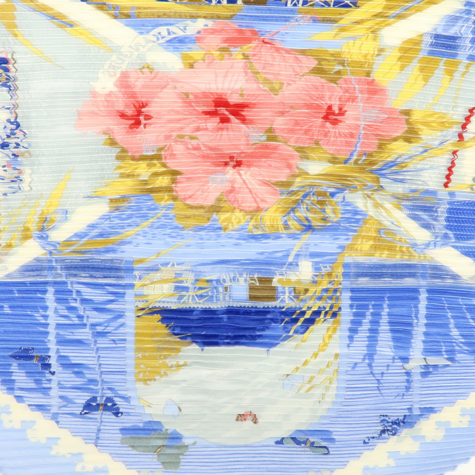 HERMES Pleats Carre Silk 100% Scarf VARANGUES Blue Pink