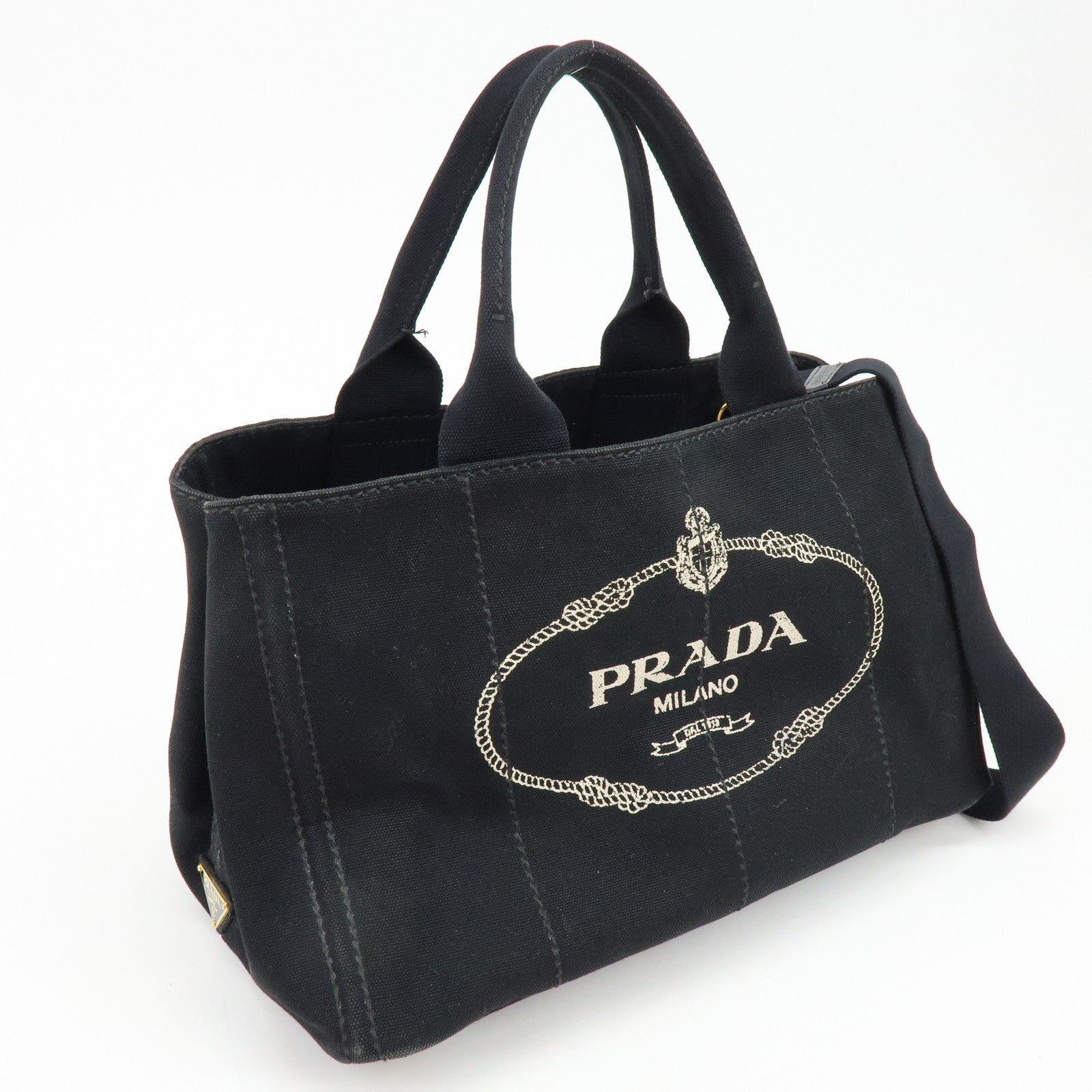 PRADA Logo Canapa Canvas 2Way Bag Tote Bag Hand Bag Black B1877G