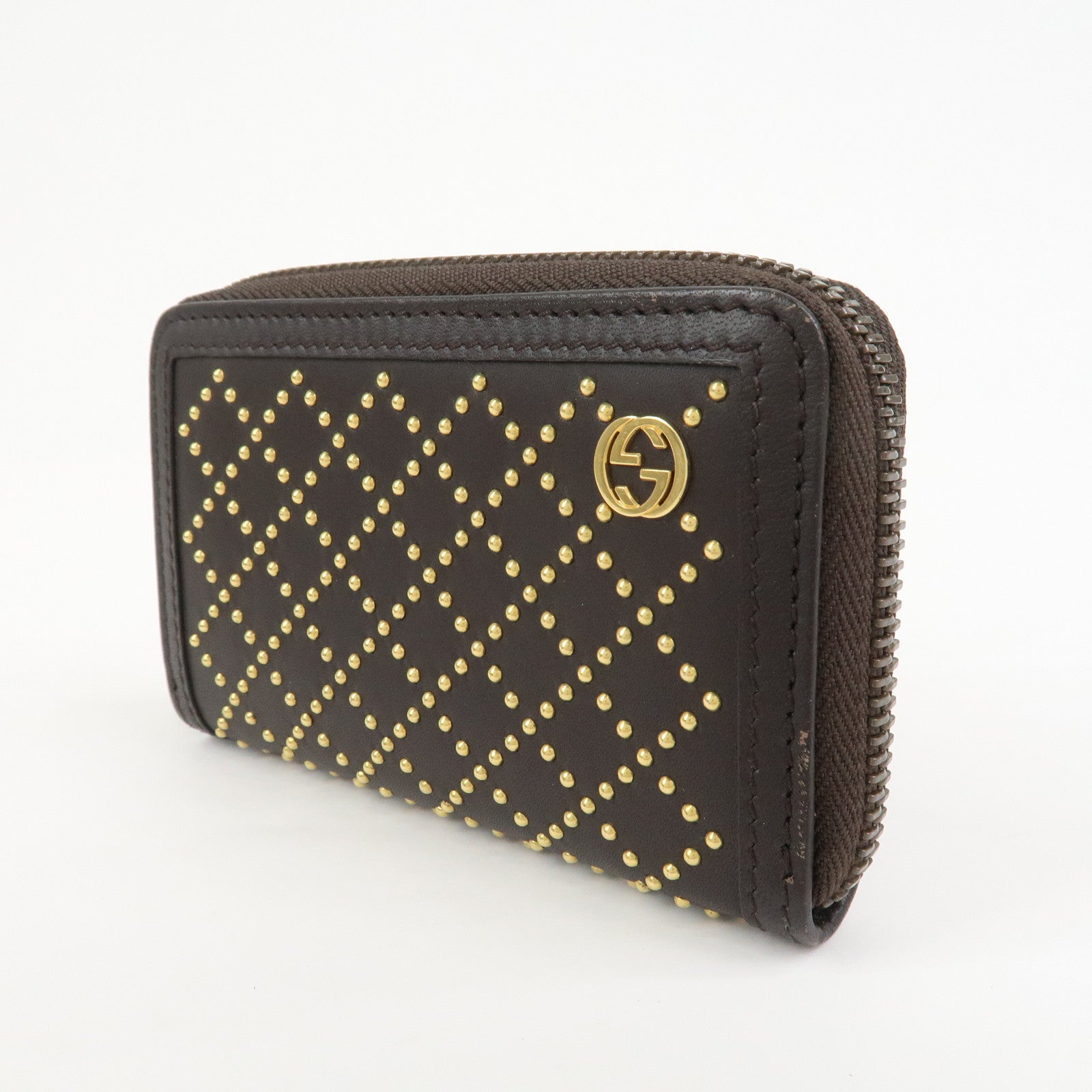 GUCCI Diamante Leather Coin Case Coin Wallet Brown Gold 337689