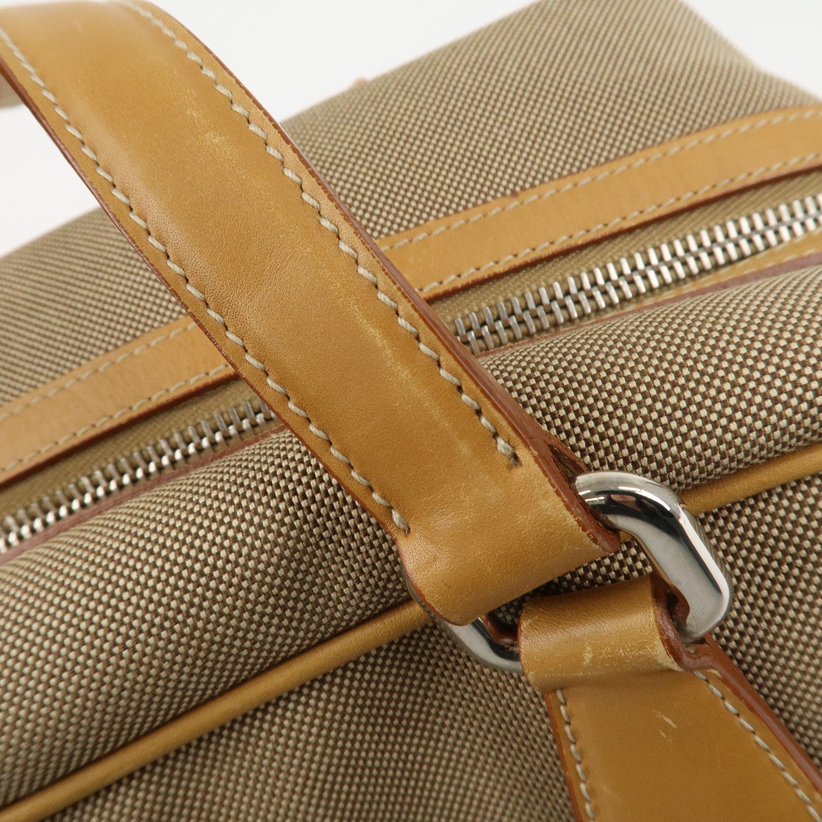 PRADA Logo Jacquard Leather Boston Bag Shoulder Bag Beige Used