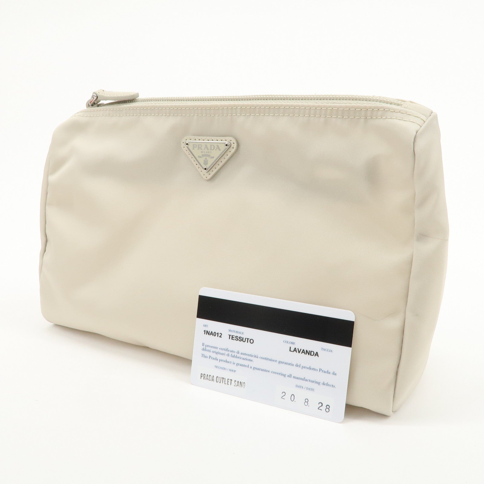 PRADA Triangle Logo Nylon Cosmetic Pouch Makeup Bag Ivory 1NA012