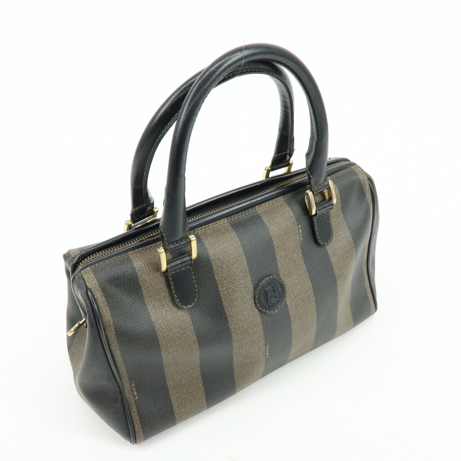 FENDI Pequin PVC Leather Boston Bag Hand Bag Black Brown