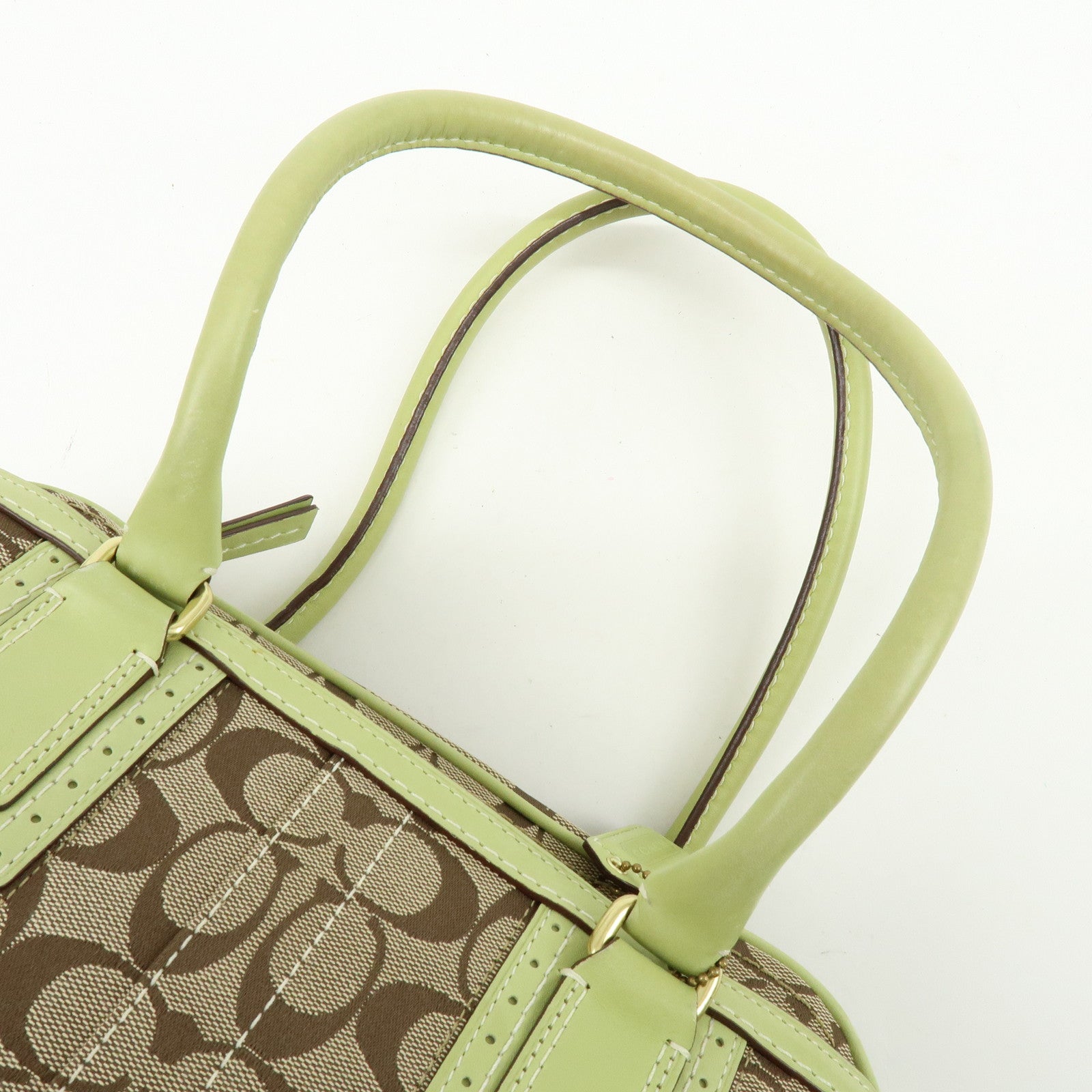 COACH Signature Canvas Leather Boston Hand Bag Light Brown Green