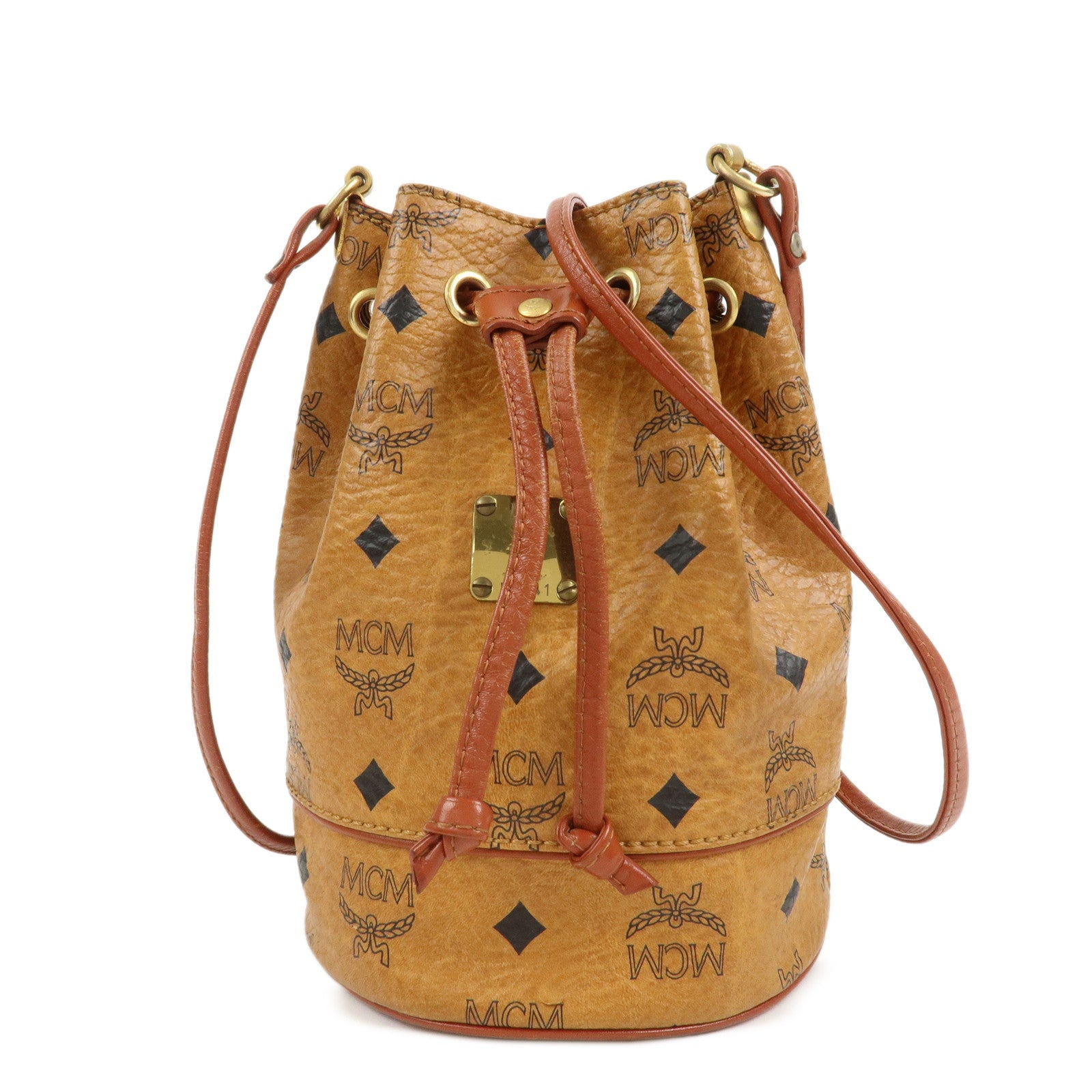 MCM Visetos Leather Drawstring Shoulder Bag Brown