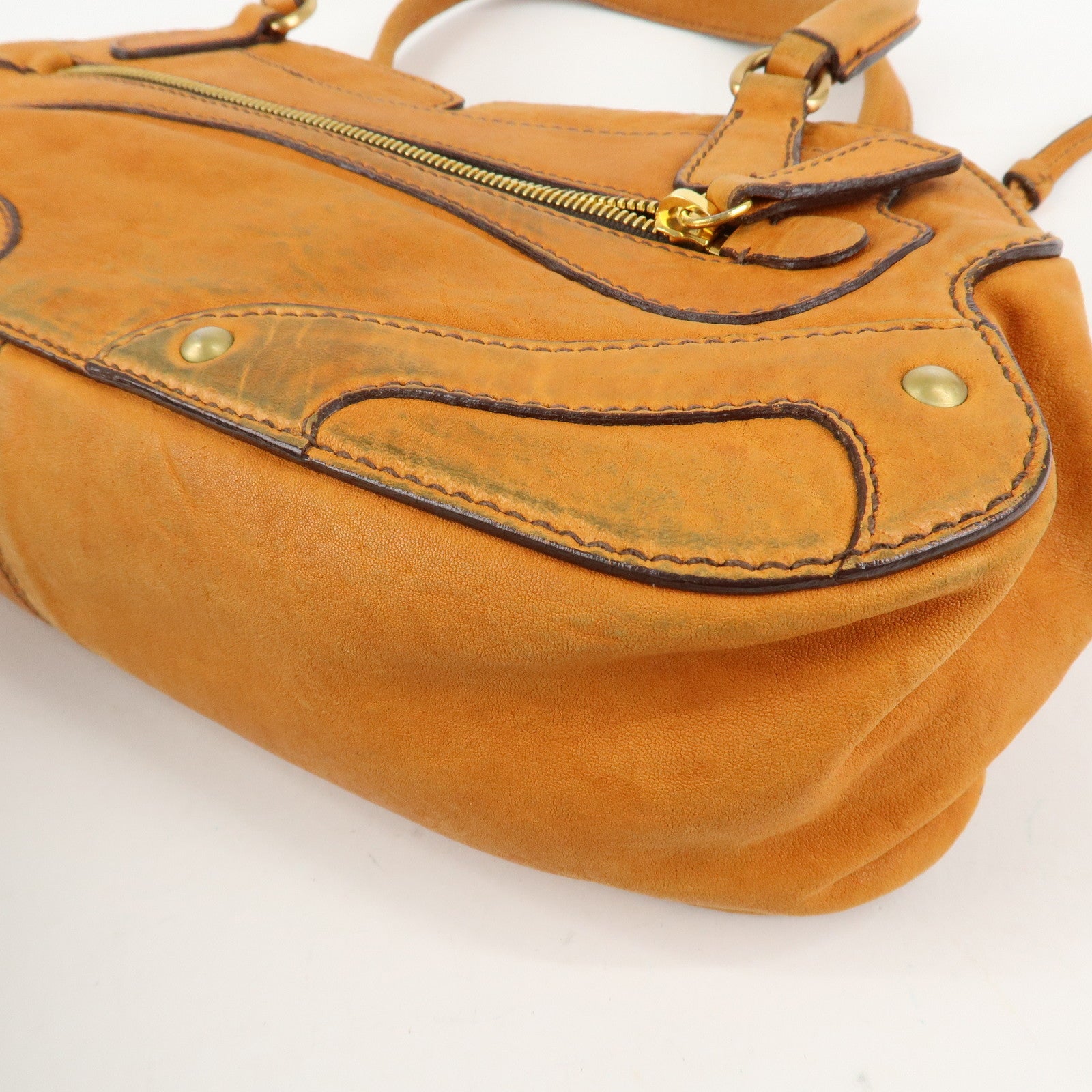 MIUMIU Logo Leather Shoulder Bag Boston Bag Hand Bag Gold HDW Brown Used