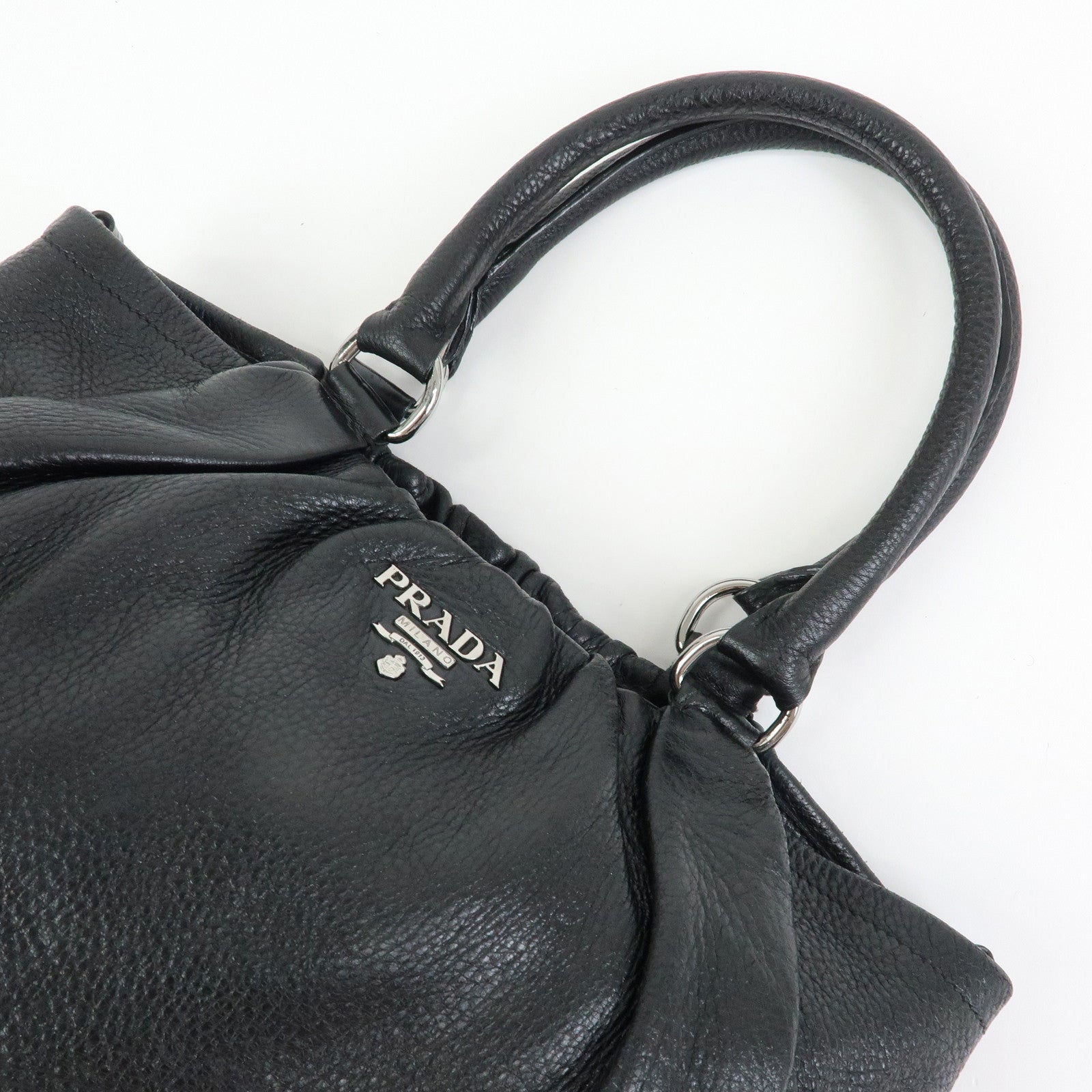 PRADA Logo Leather Tote Bag Shoulder Bag Hand Bag Black