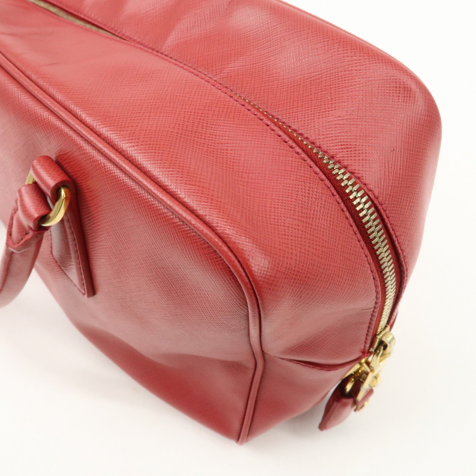 PRADA Triangle Logo Saffiano Leather Boston Bag Hand Bag Red BL0095 Used