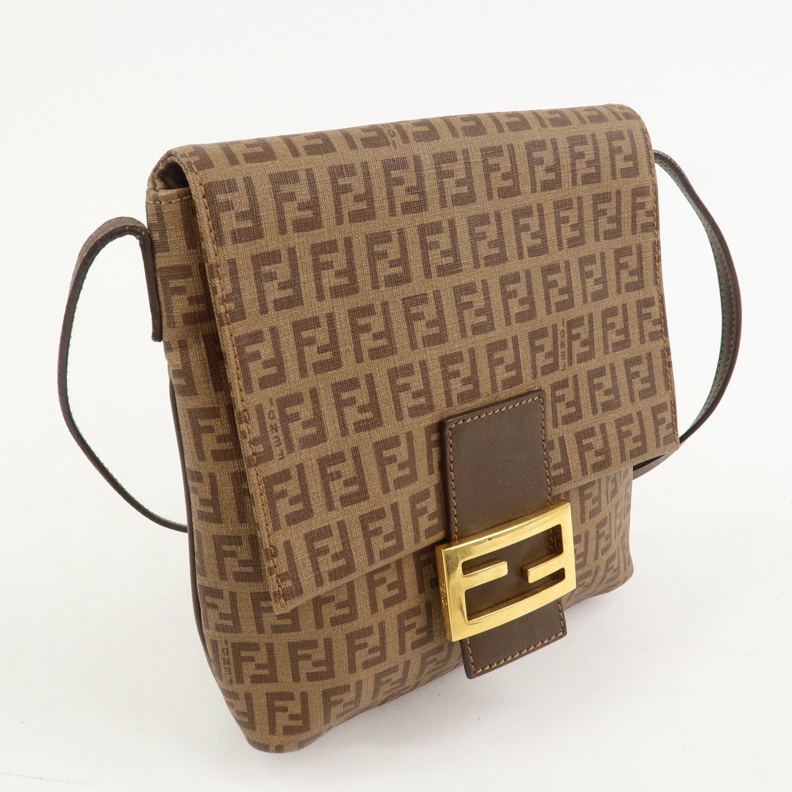 FENDI Zucchino Leather PVC Shoulder Bag Crossbody Bag Brown 8BT075