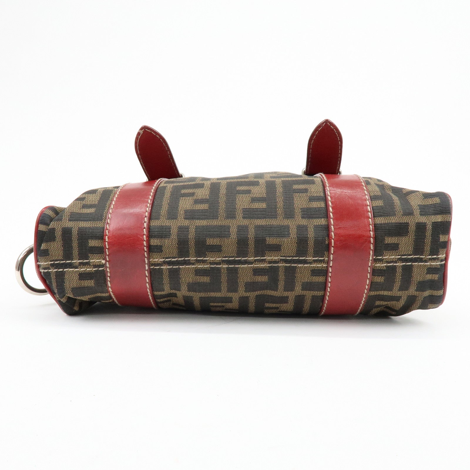FENDI Zucca Canvas Leather Mini Boston Hand Bag Brown Red 8BR119