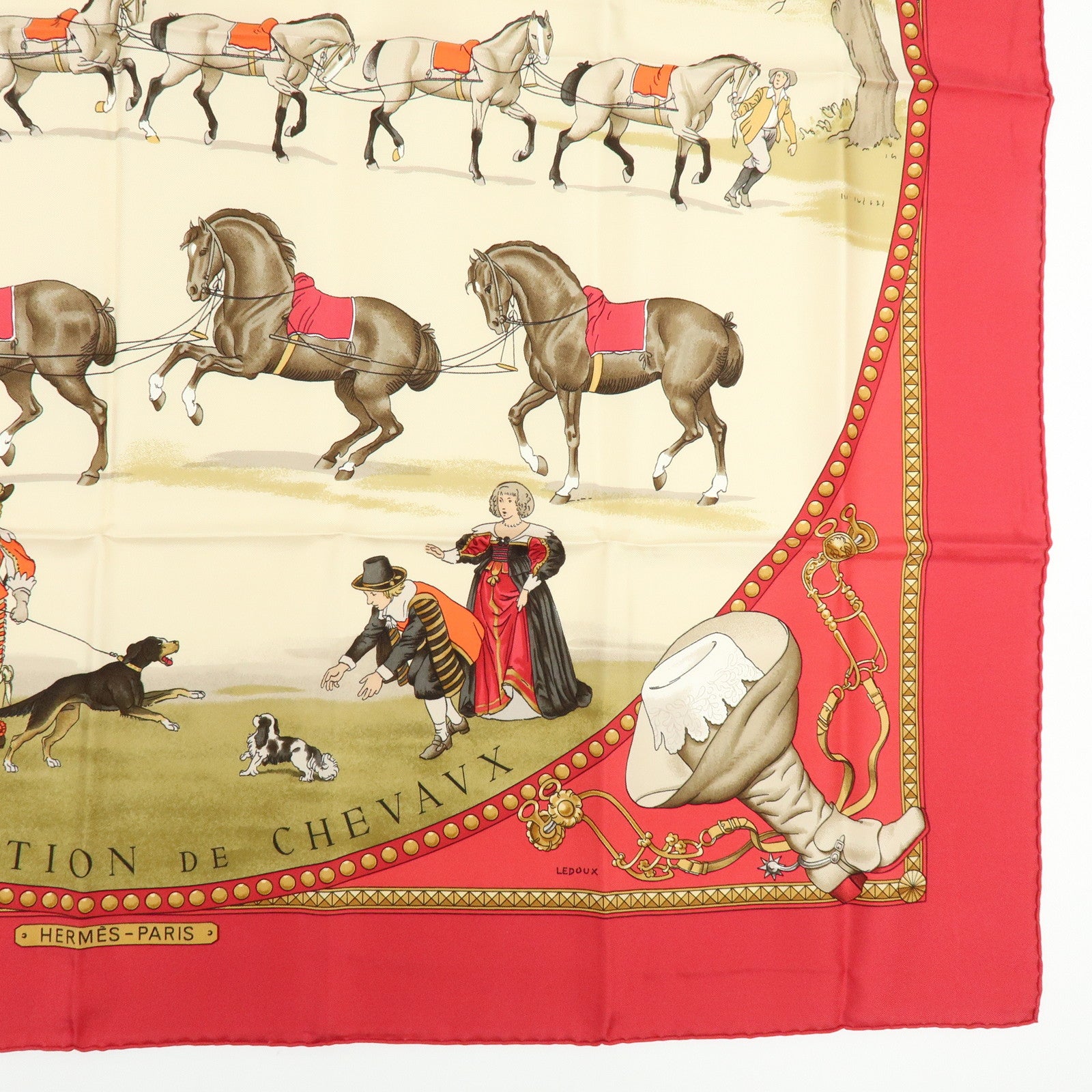 HERMES Carre 90 Silk 100% Scarf PRESENTATION DE CHEVAVX Beige Red
