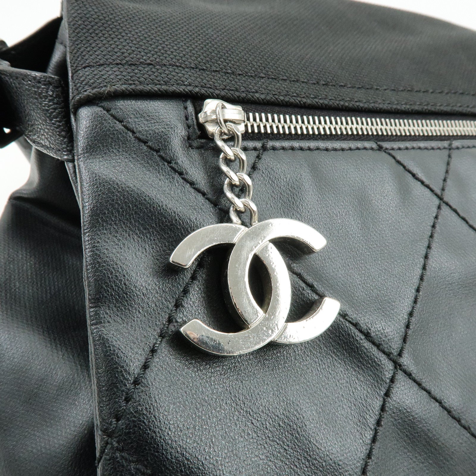 CHANEL Paris Biarritz PVC Coated Canvas Leather Shoulder Bag Black