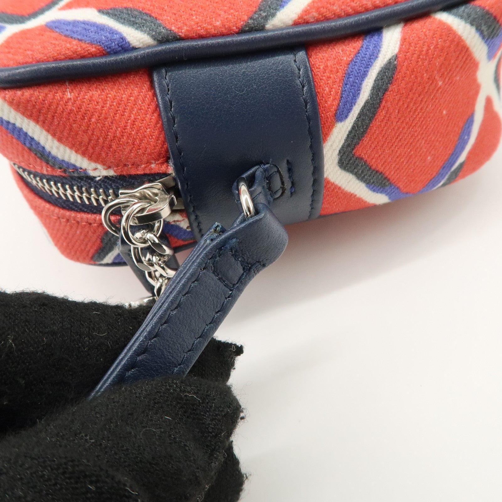 CHANEL COCO Mark COCO Beach Canvas Pouch Red Navy Silver HDW Used