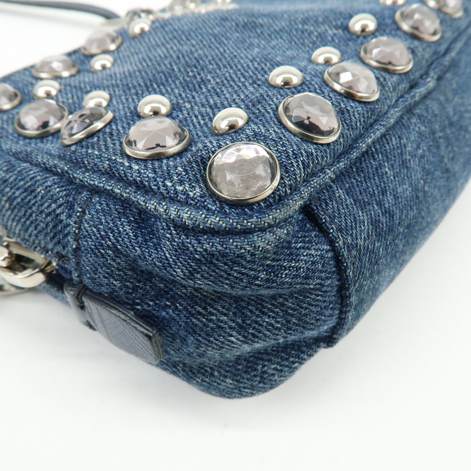 PRADA Logo Denim Shoulder Bag Crossbody Bag Rhinestone Blue