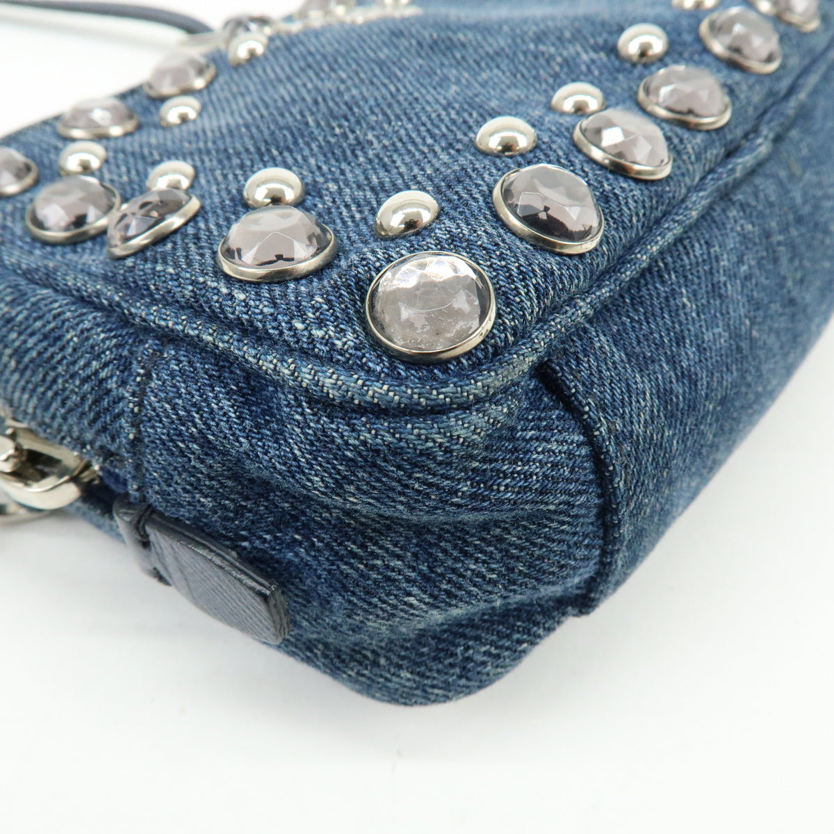 PRADA Logo Denim Shoulder Bag Crossbody Bag Rhinestone Blue