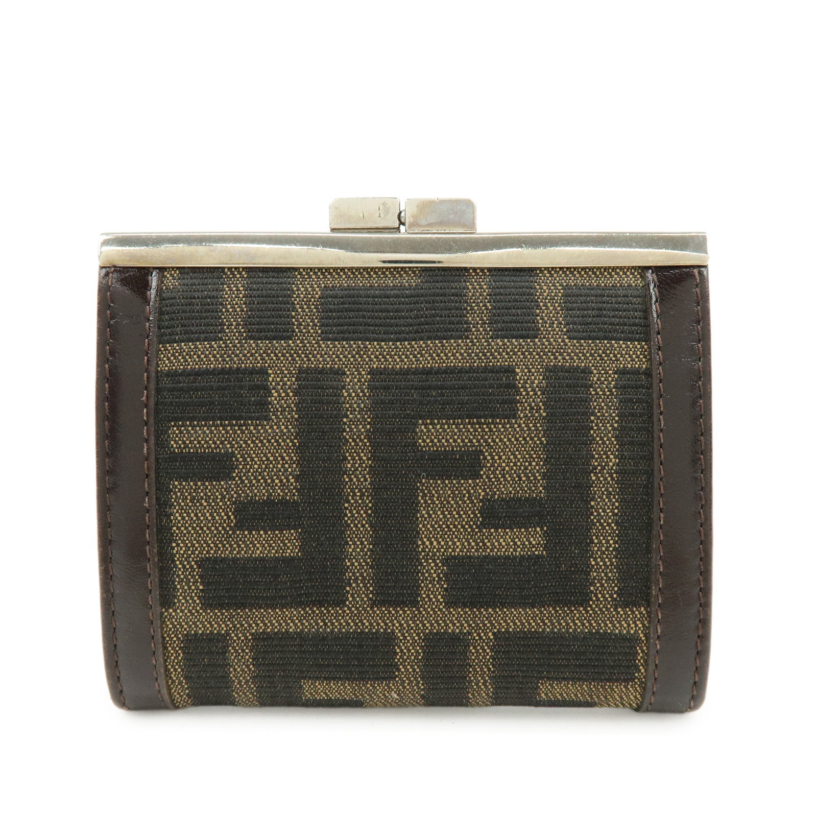 FEND Zucca Canvas Leather Compact Wallet Coin Case Brown