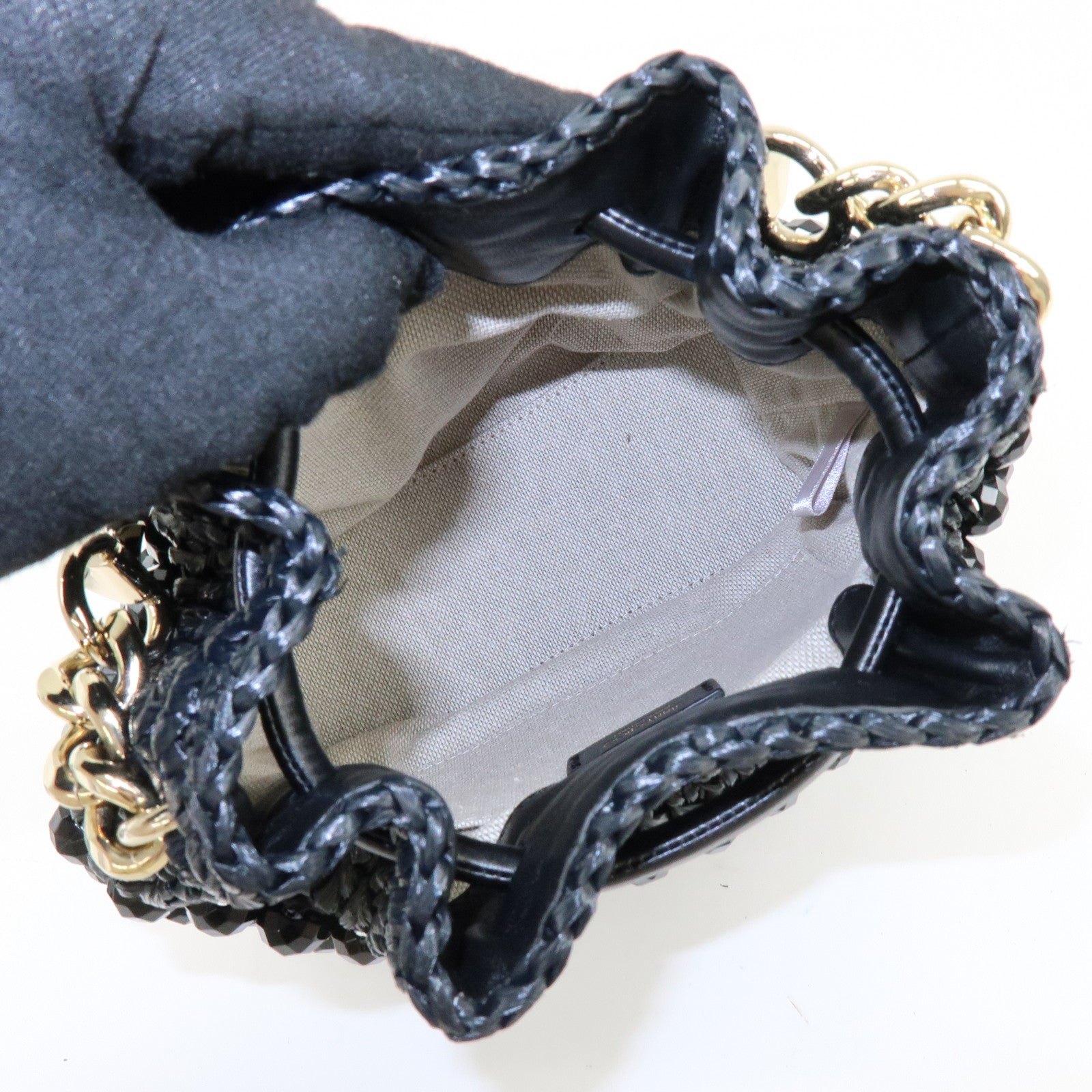 JIMMY CHOO BON BON Raffia Beads Leather 2Way Mini Bag Black