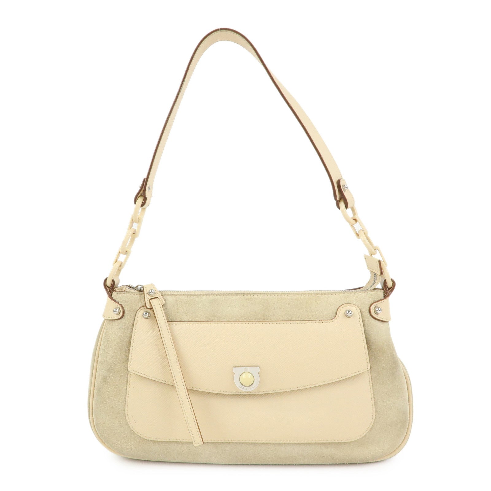 Ferragamo Gancini Suede Leather Shoulder Bag Hand Bag Beige