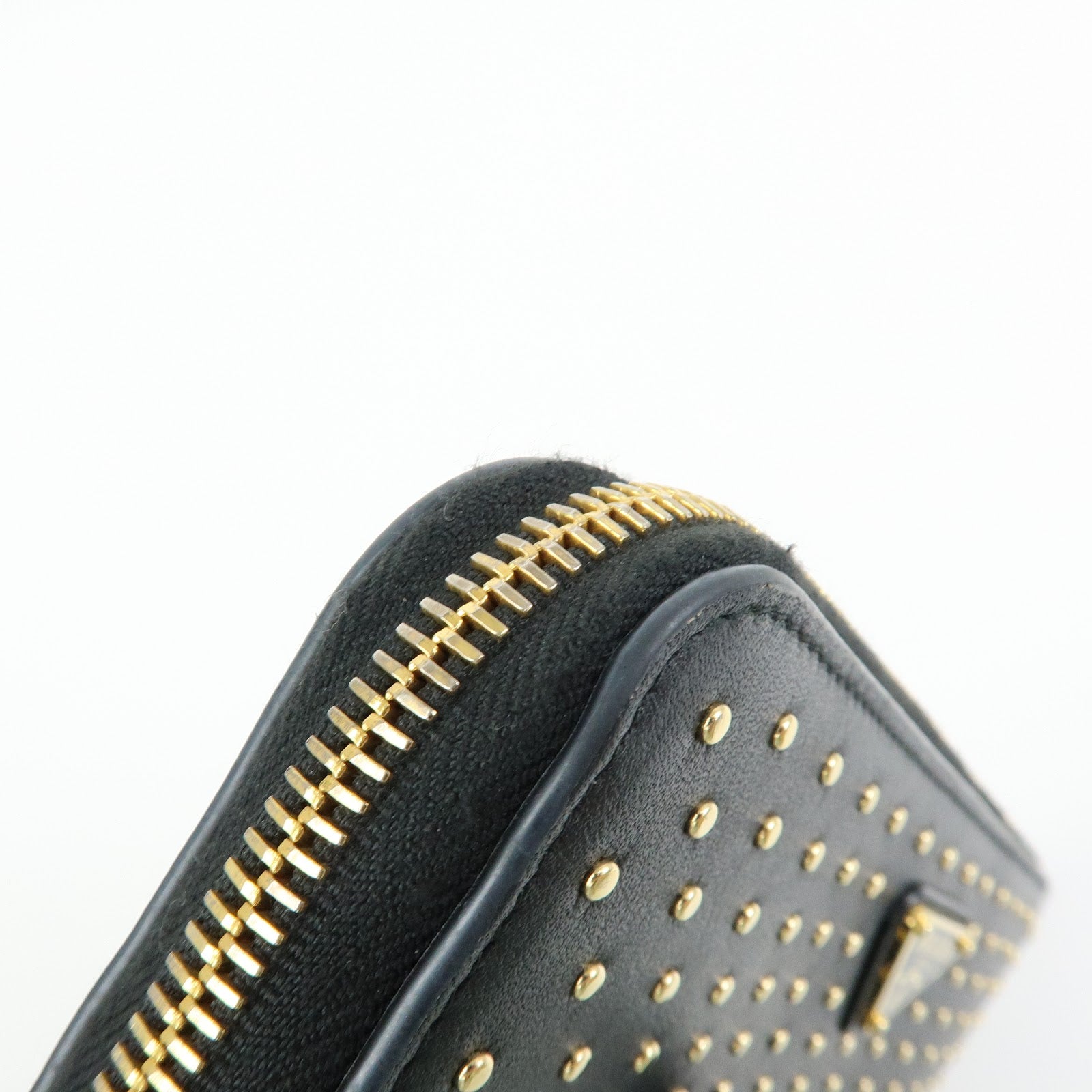 PRADA Triangle Logo Studs Leather Round Zippy Long Wallet Black