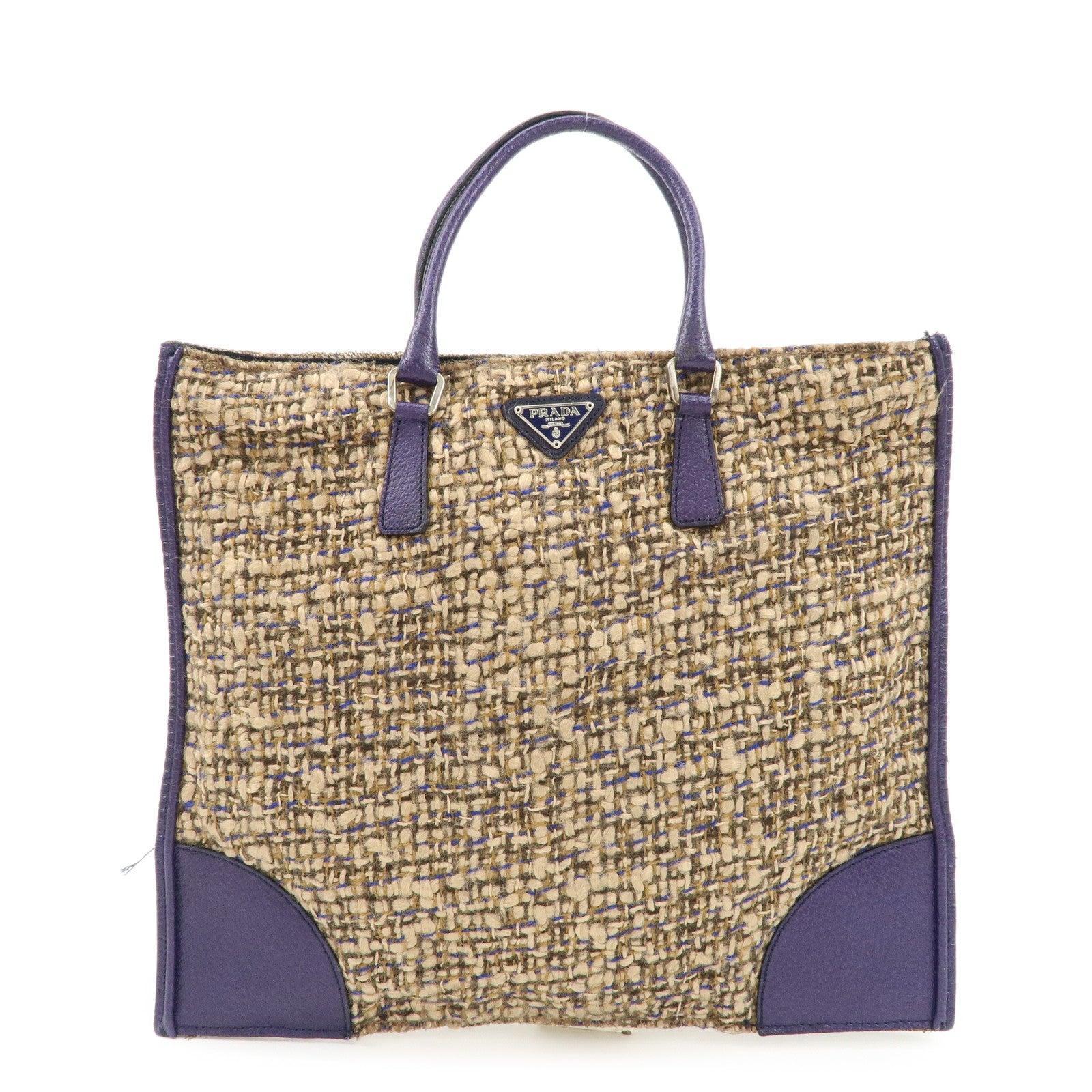 PRADA Triangle Logo Tweed Leather Tote Bag Purple Beige B11261 Used