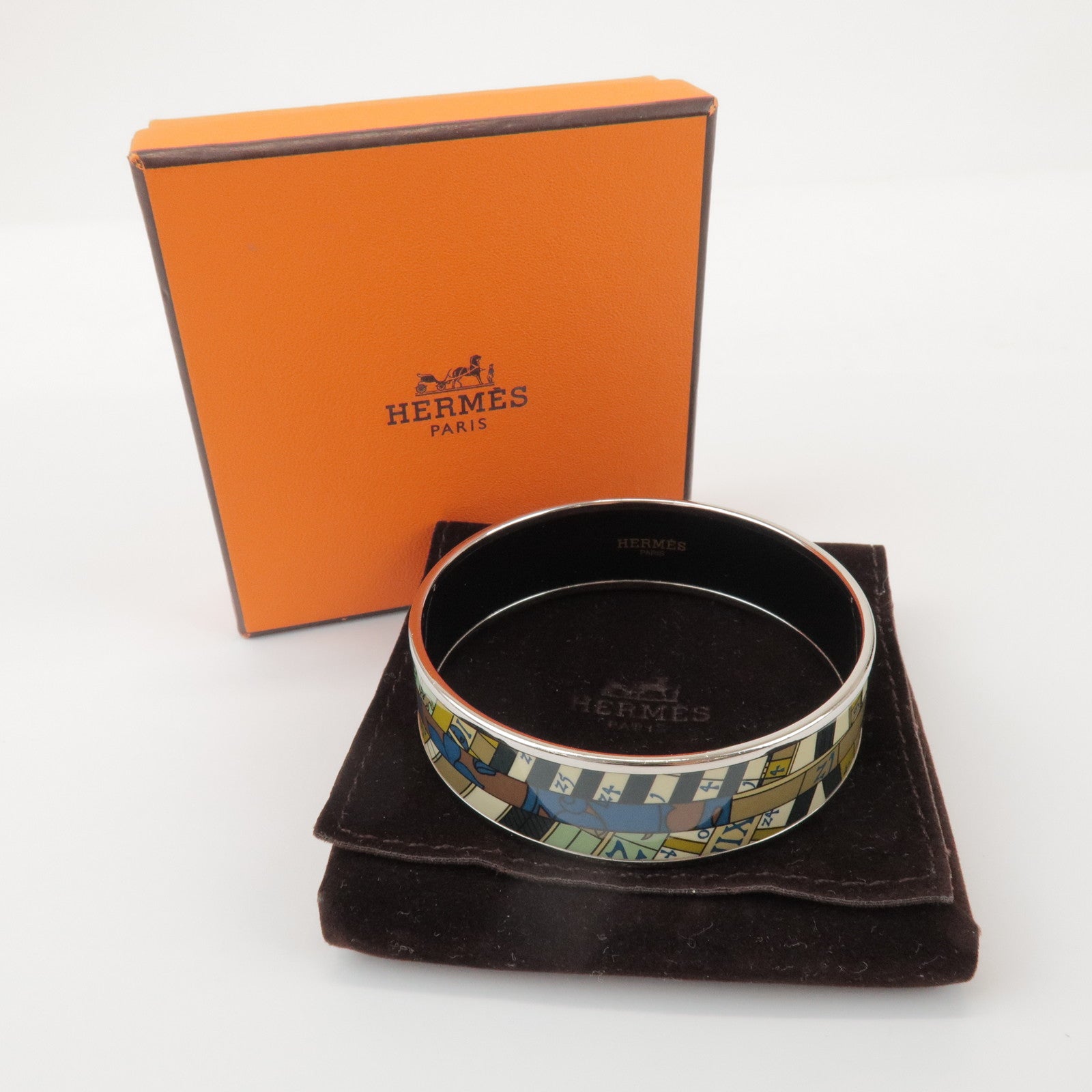 HERMES Email GM Bangle Plated Bracelet Khaki Ivory Navy