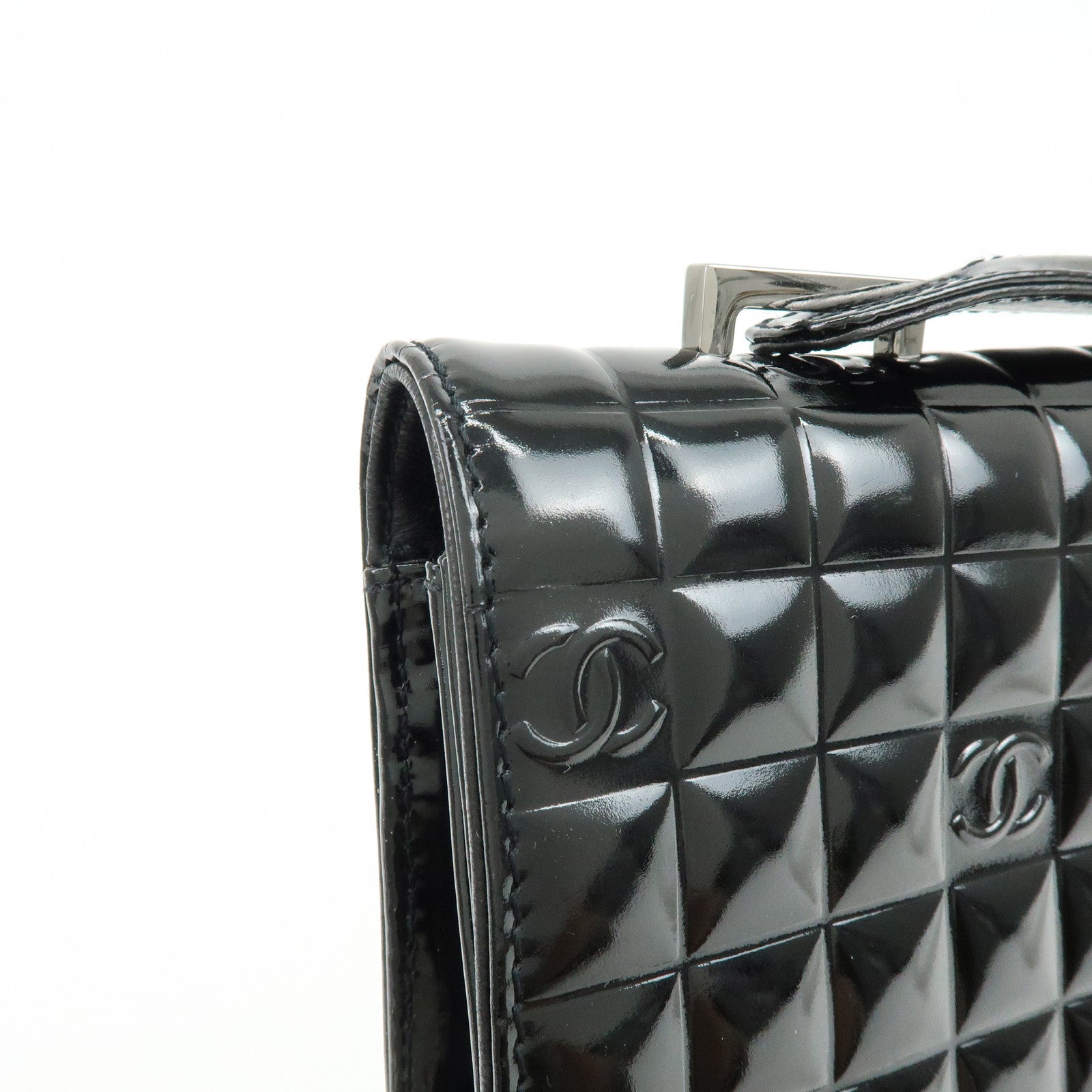 CHANEL Chocolate Bar COCO Mark Patent Leather Hand Bag Black